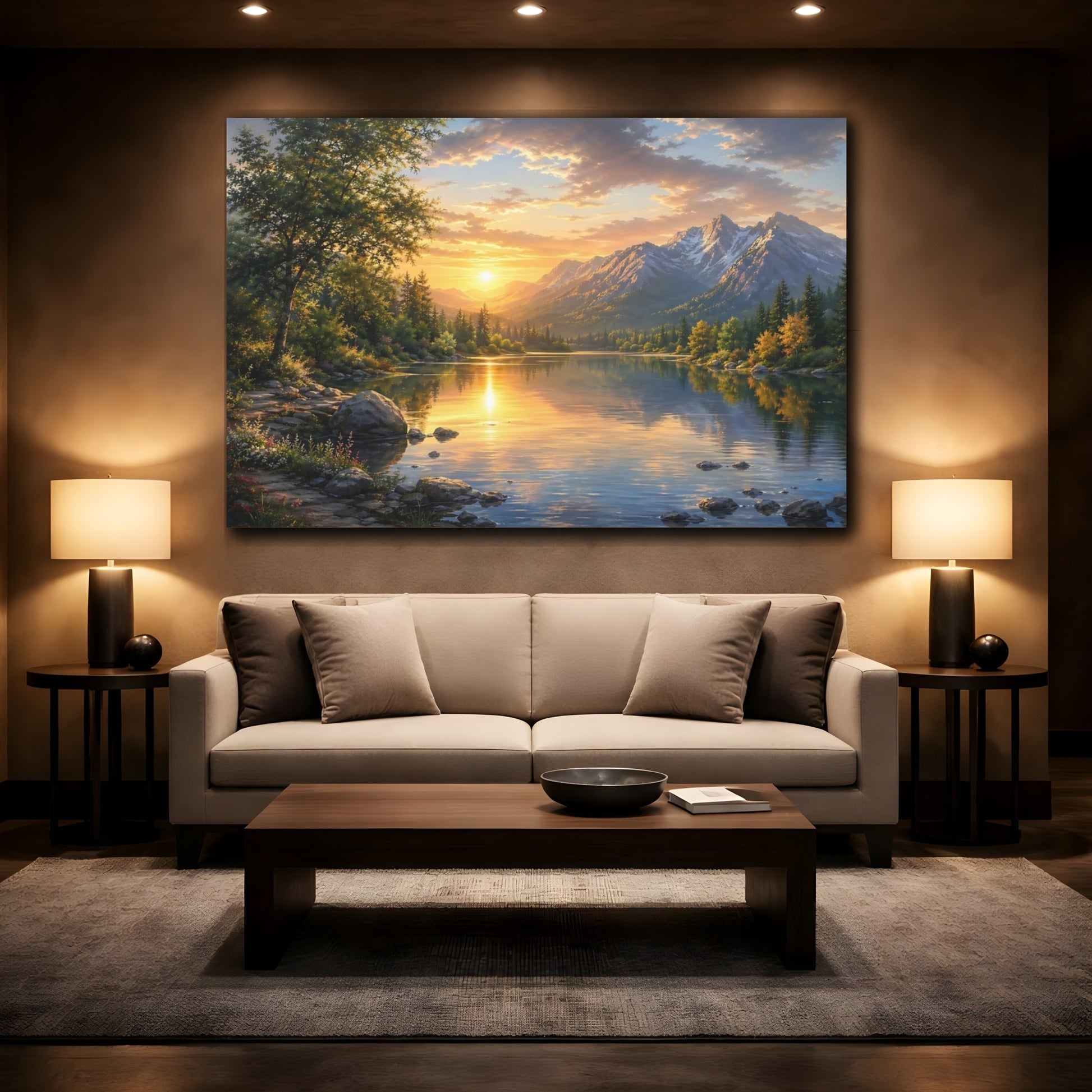 Mockup 2. Nature Mountain Lake Golden Light Lake shown as stretched canvas wall art