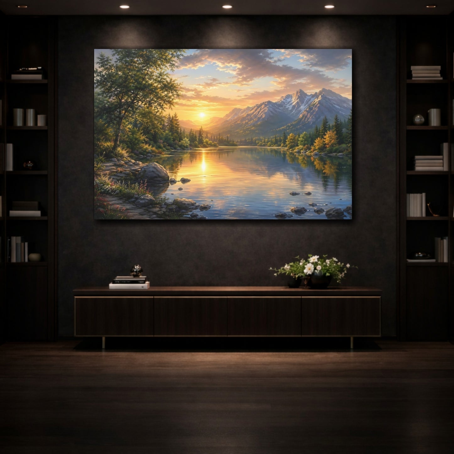 Mockup 3. Nature Mountain Lake Golden Light Lake shown as stretched canvas wall art