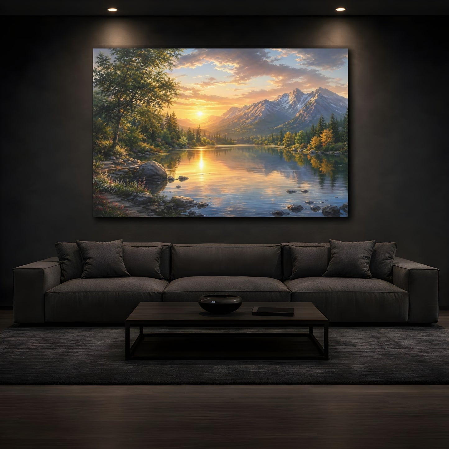 Mockup 4. Nature Mountain Lake Golden Light Lake shown as stretched canvas wall art