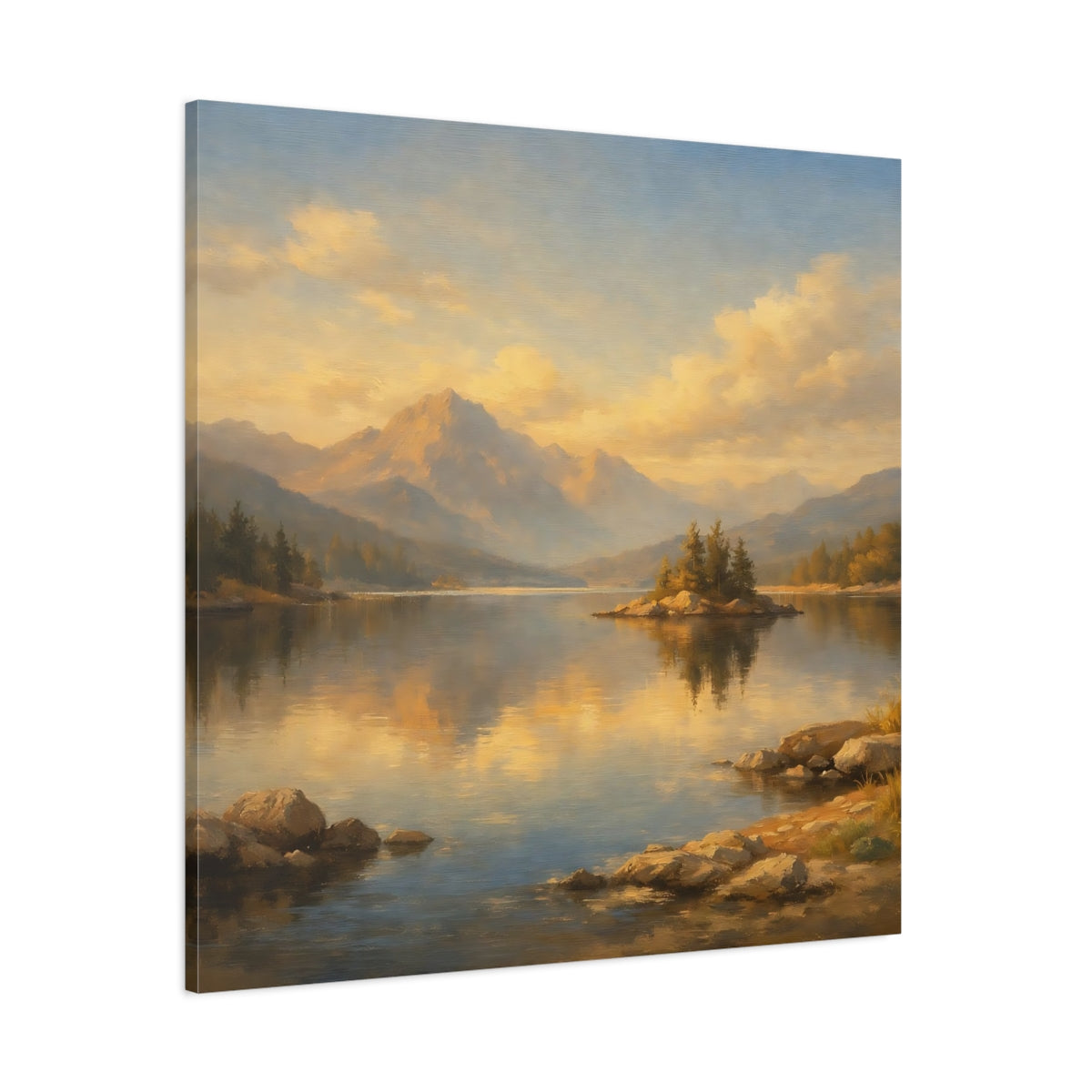 Main Mockup. Nature Mountain Lake Golden Mountain Lake shown as stretched canvas wall art