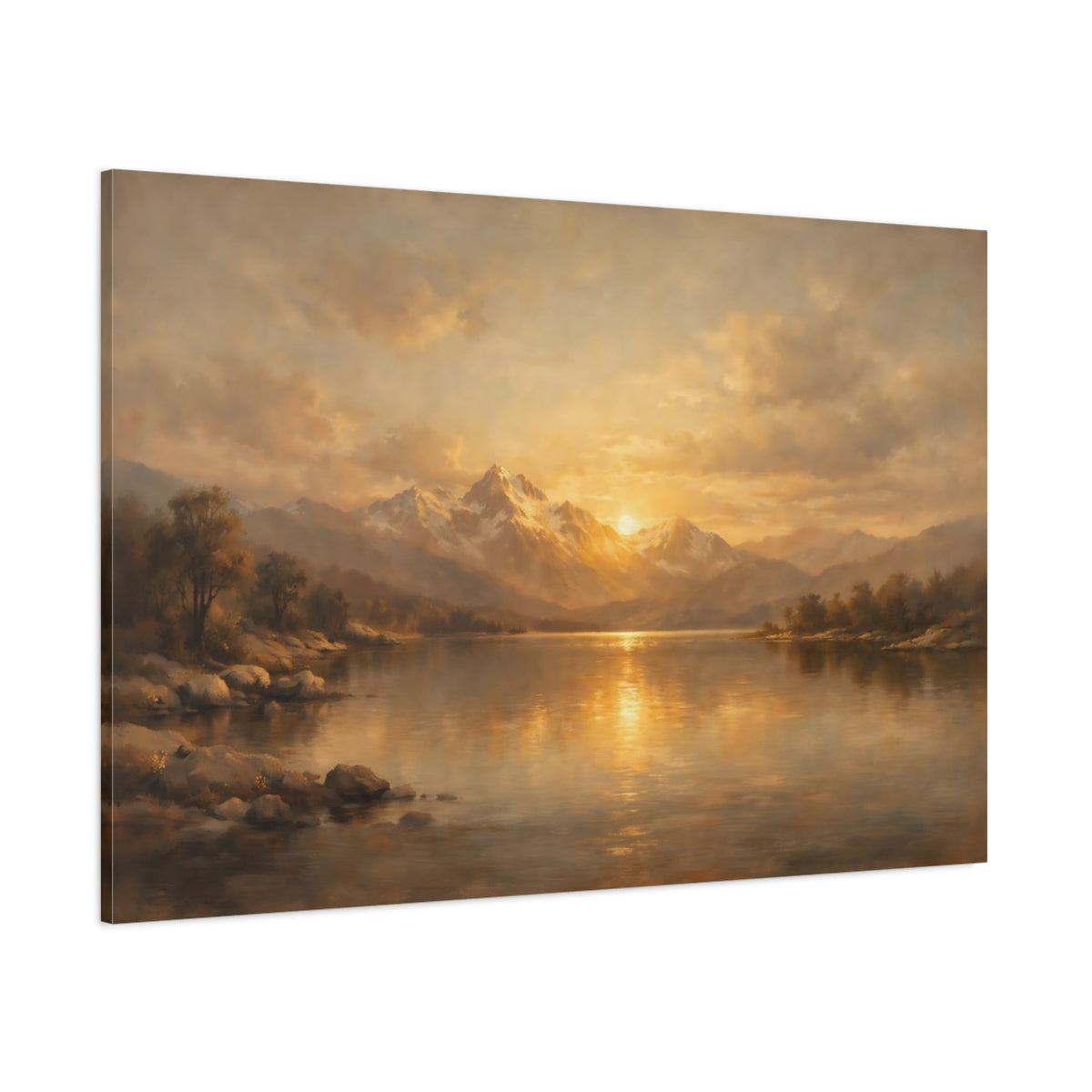 Main Mockup. Nature Mountain Lake Golden Mountain Lake shown as stretched canvas wall art