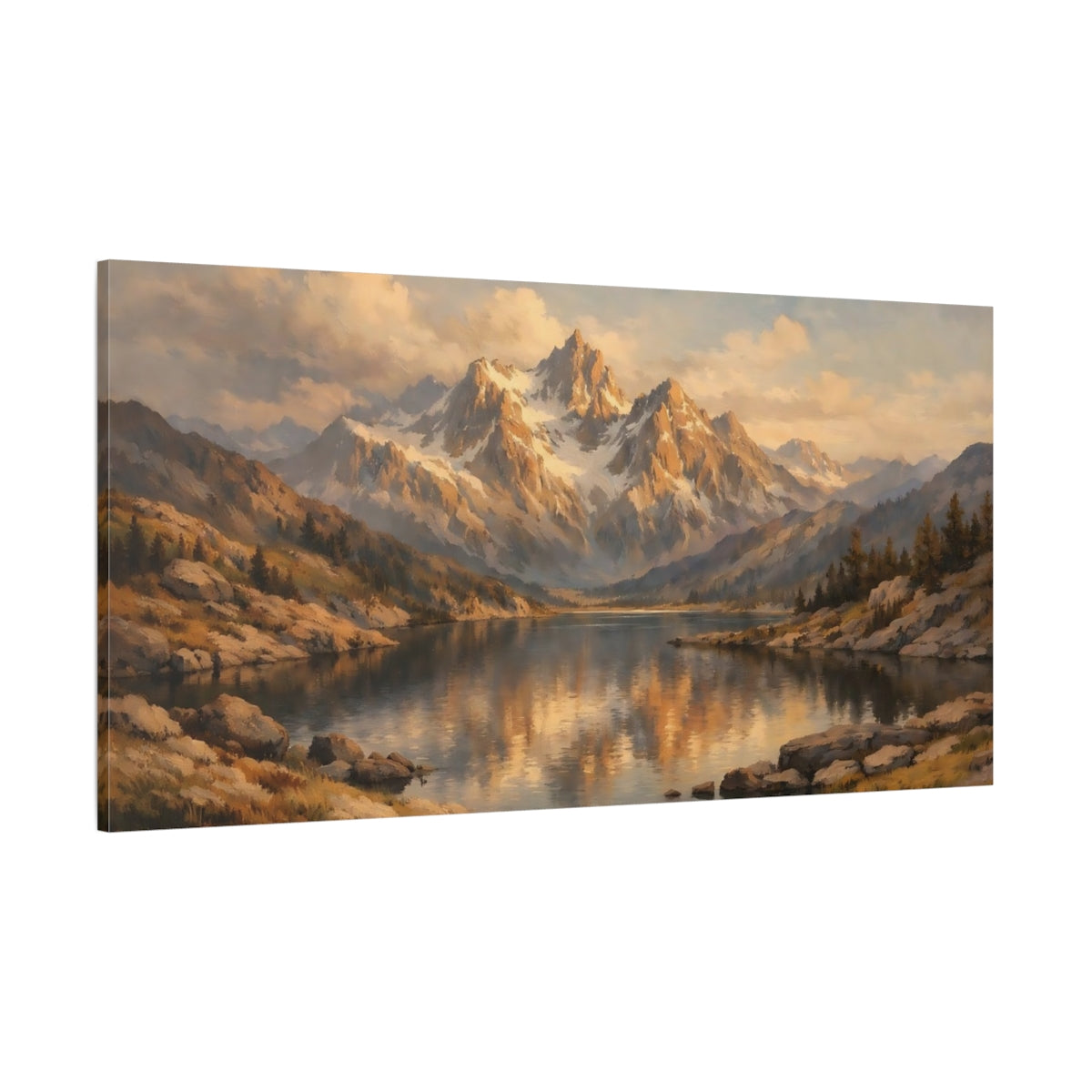 Main Mockup. Nature Mountain Lake Golden Mountain Lake shown as stretched canvas wall art