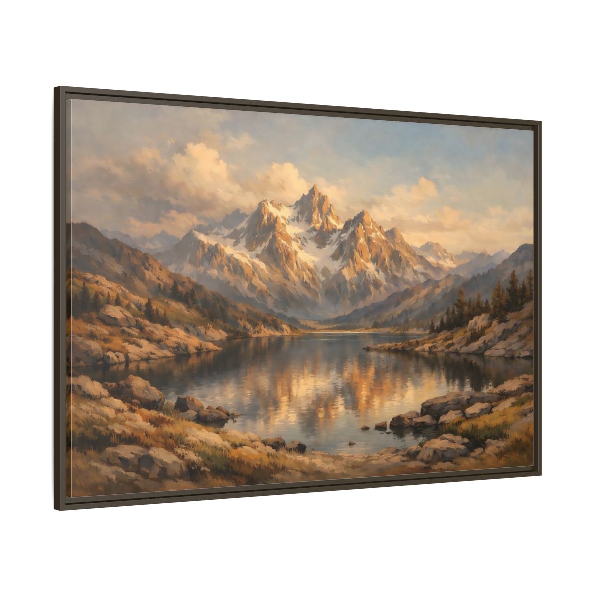 Main Mockup. Nature Mountain Lake Golden Mountain Lake shown as stretched canvas wall art
