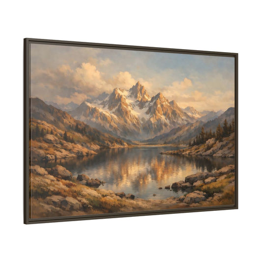 Main Mockup. Nature Mountain Lake Golden Mountain Lake shown as stretched canvas wall art