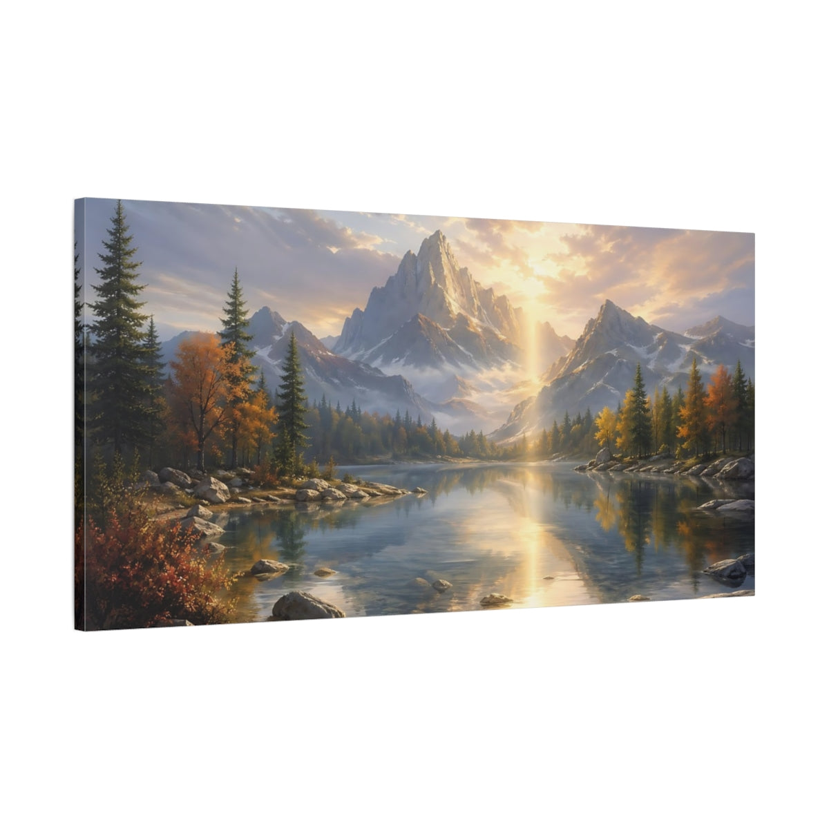 Main Mockup. Nature Mountain Lake Golden Mountain Lake shown as stretched canvas wall art