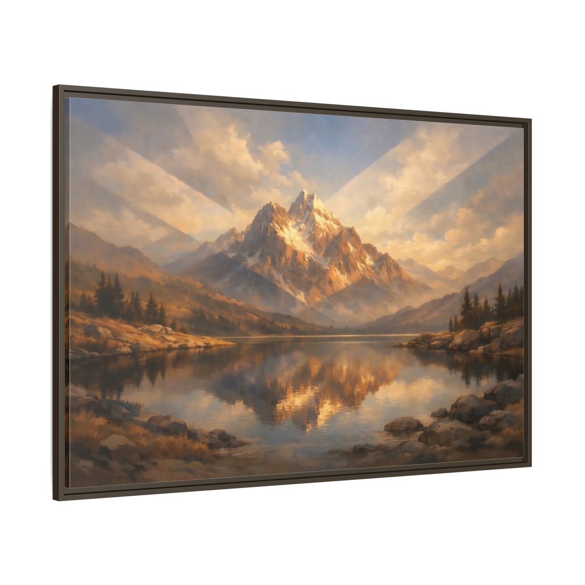 Main Mockup. Nature Mountain Lake Golden Mountain Lake shown as stretched canvas wall art