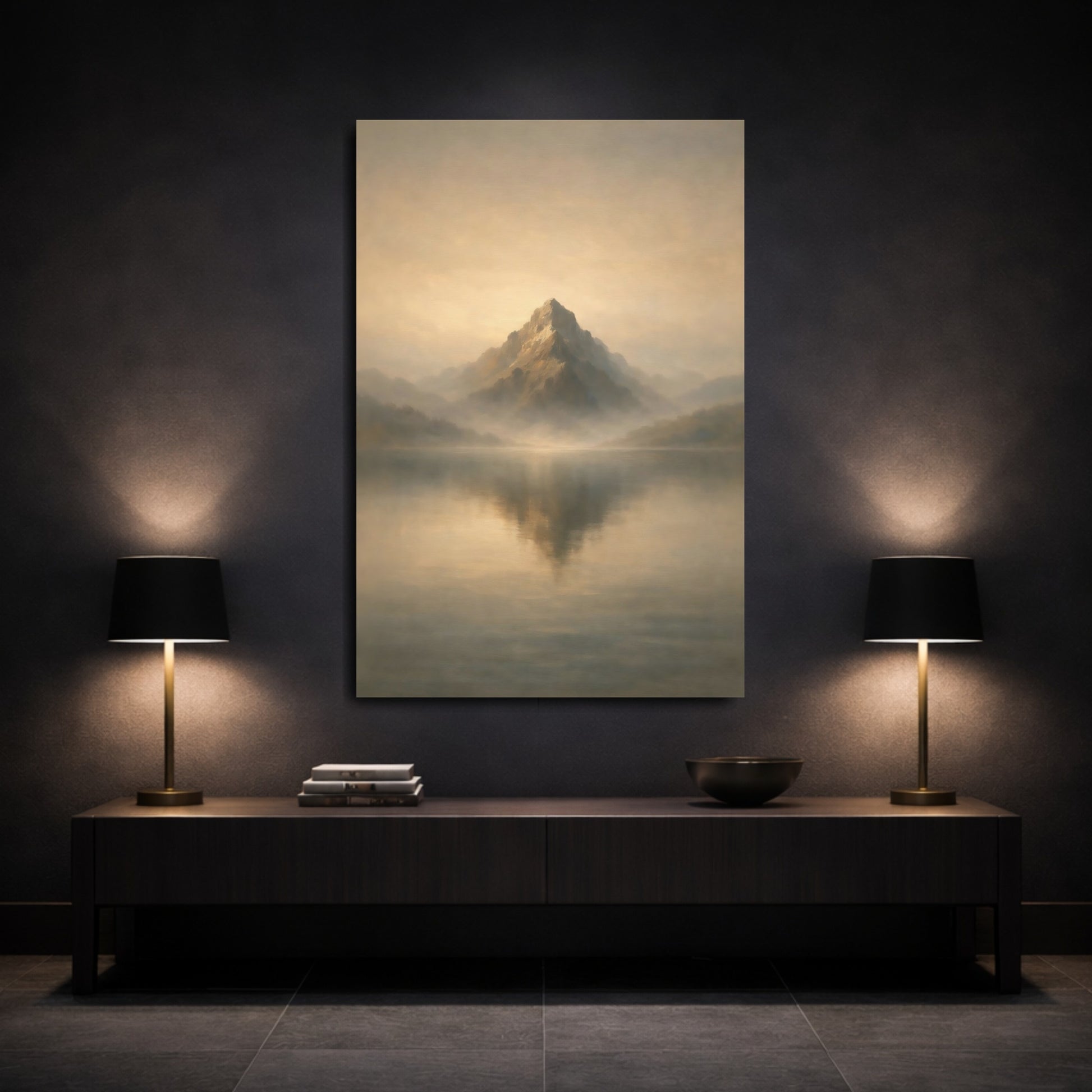 Mockup 2. Nature Mountain Lake Golden Mountain Lake shown as stretched canvas wall art