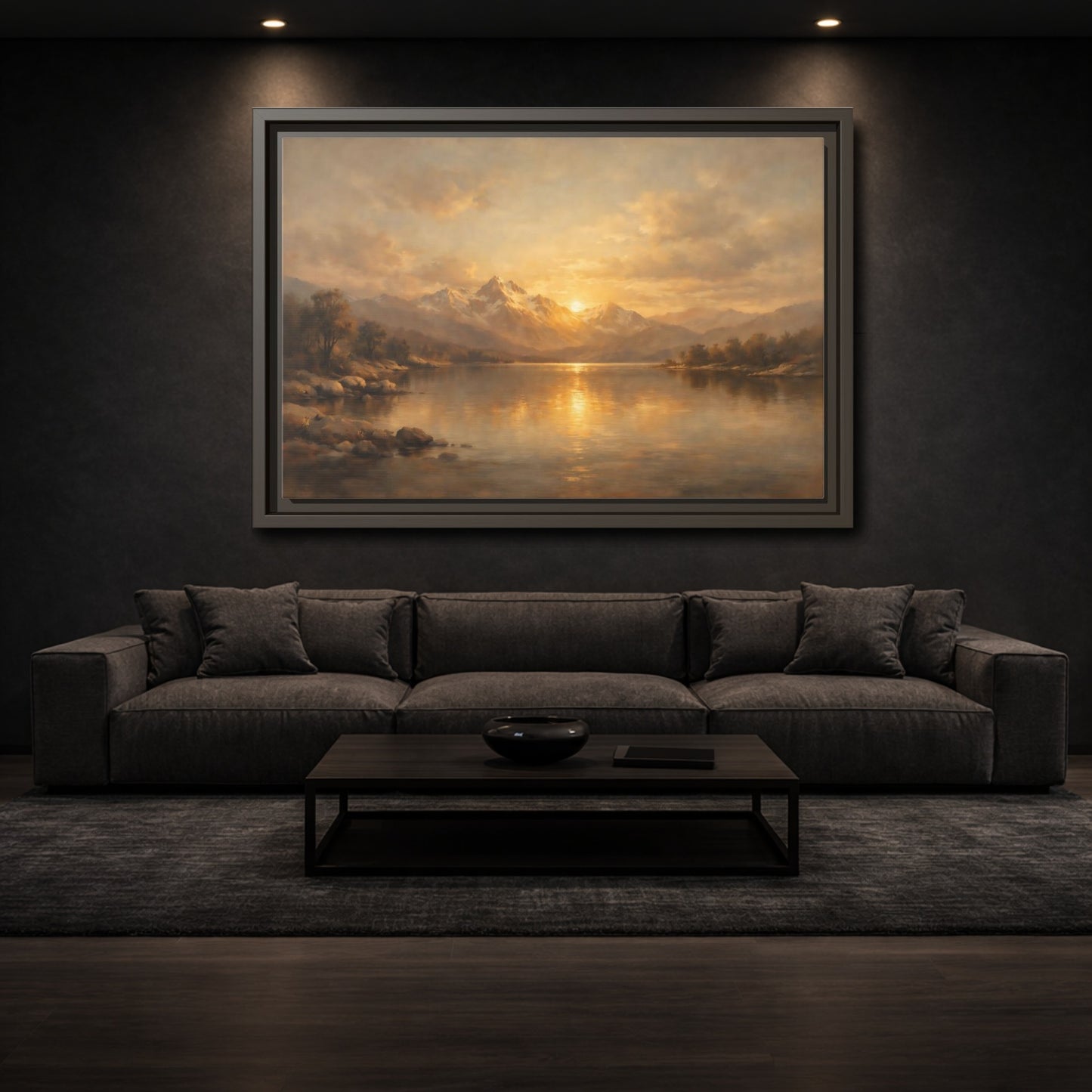Mockup 2. Nature Mountain Lake Golden Mountain Lake shown as stretched canvas wall art