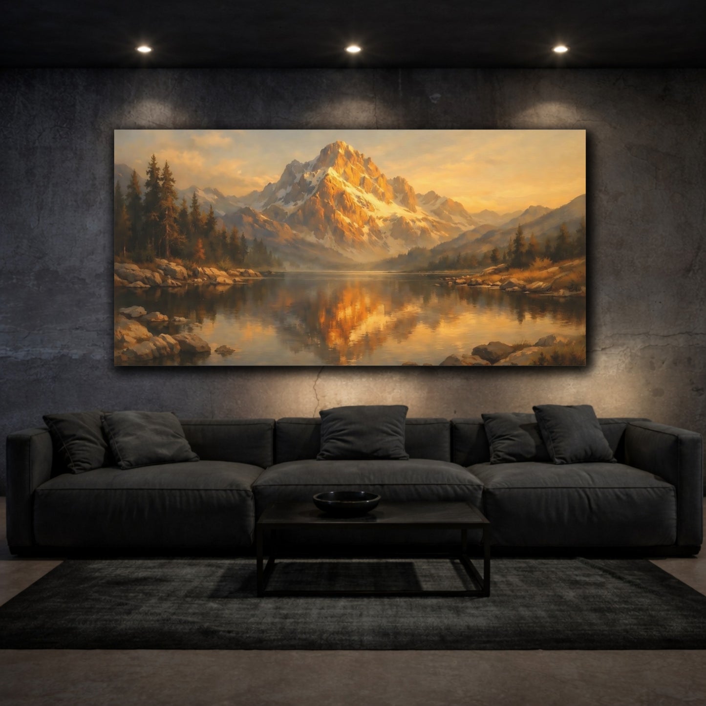 Mockup 2. Nature Mountain Lake Golden Mountain Lake shown as stretched canvas wall art