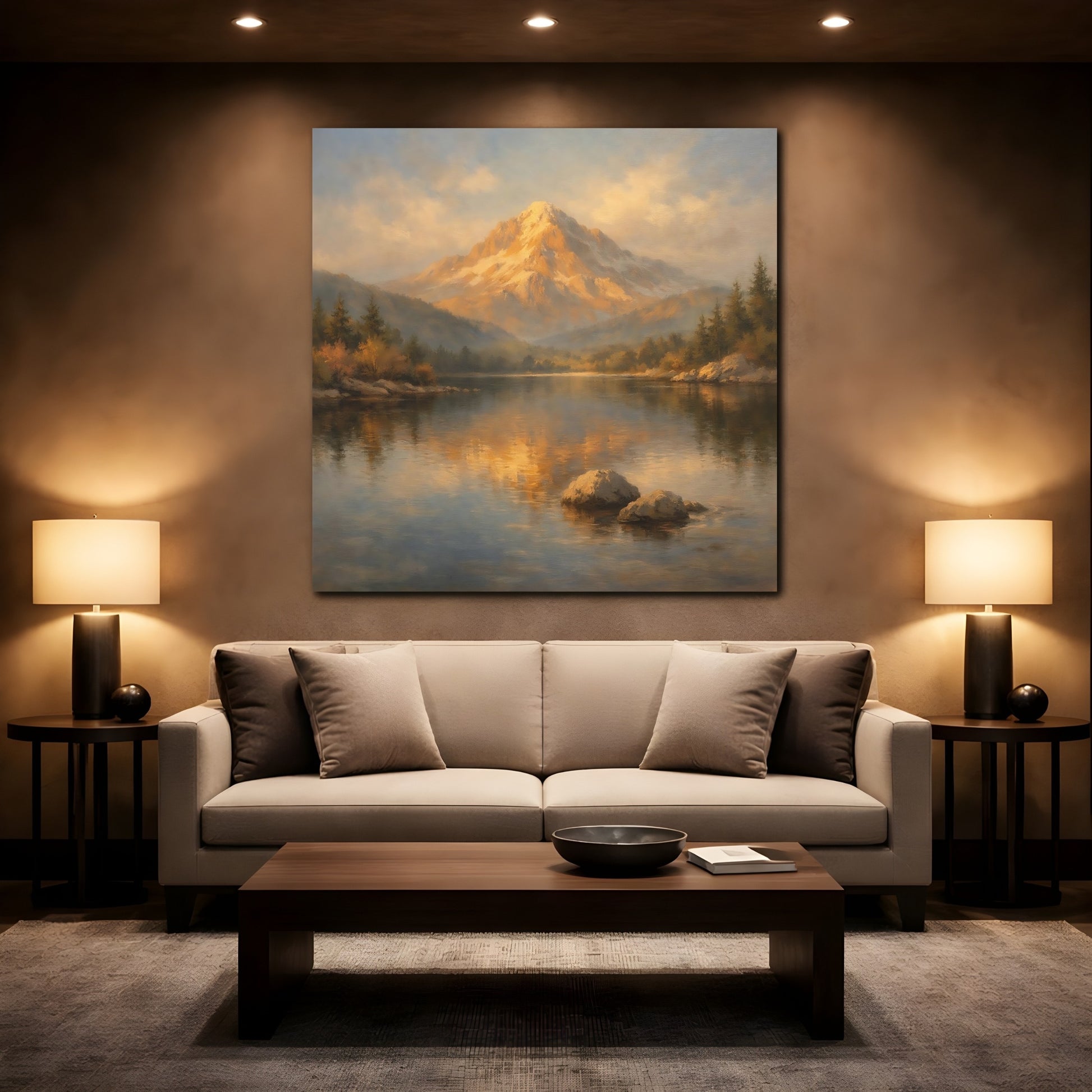 Mockup 2. Nature Mountain Lake Golden Mountain Lake shown as stretched canvas wall art
