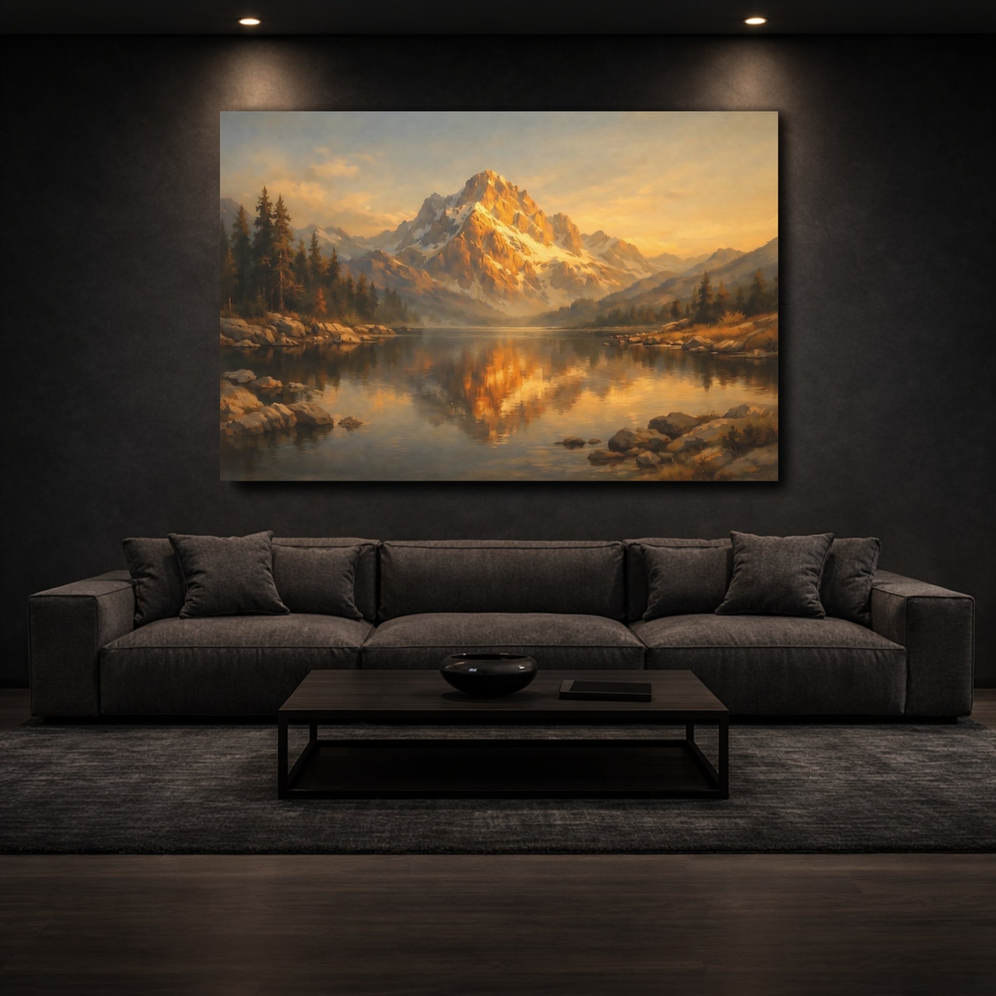 Mockup 2. Nature Mountain Lake Golden Mountain Lake shown as stretched canvas wall art