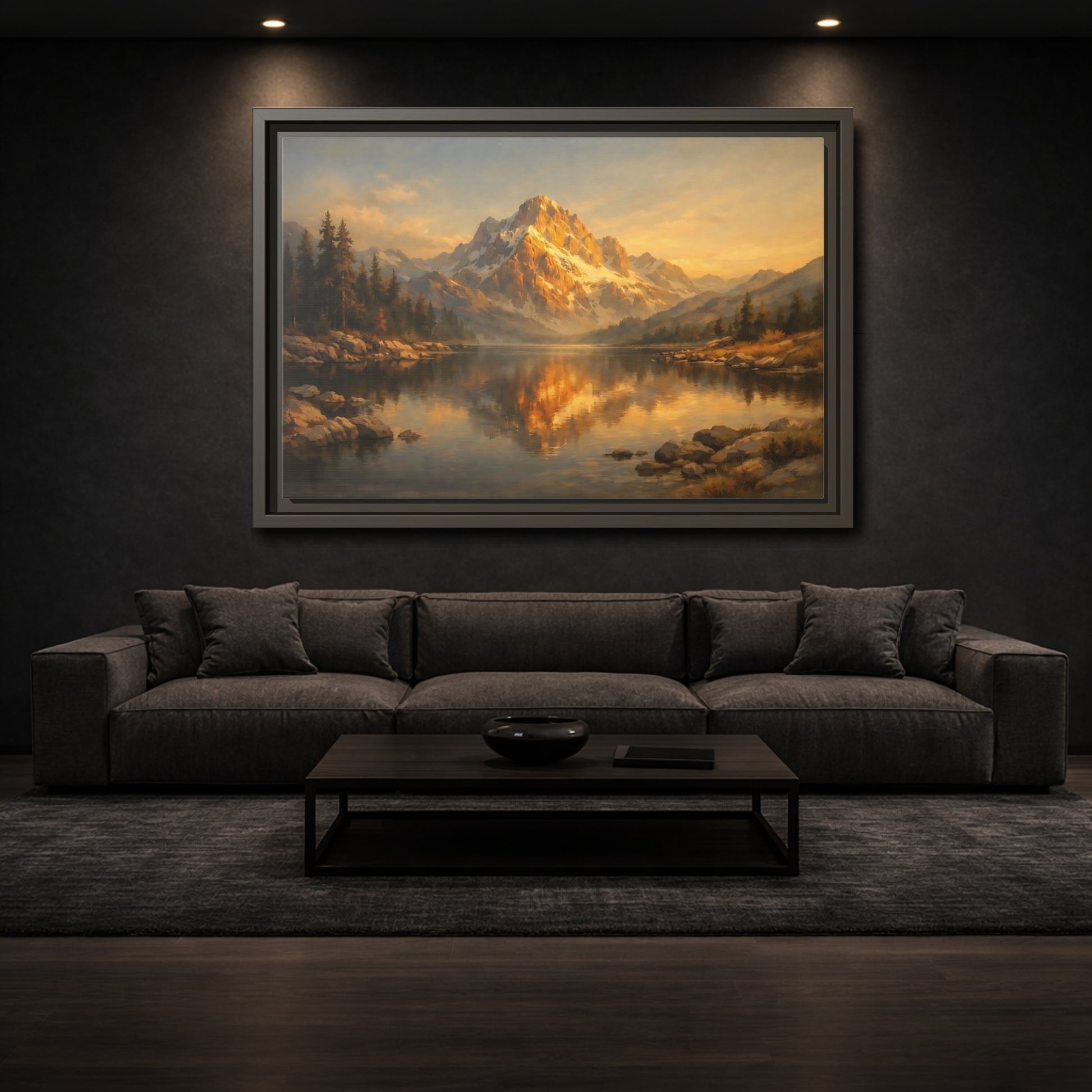 Mockup 2. Nature Mountain Lake Golden Mountain Lake shown as stretched canvas wall art