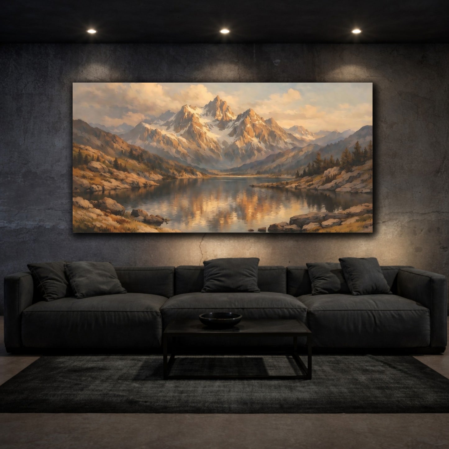 Mockup 2. Nature Mountain Lake Golden Mountain Lake shown as stretched canvas wall art