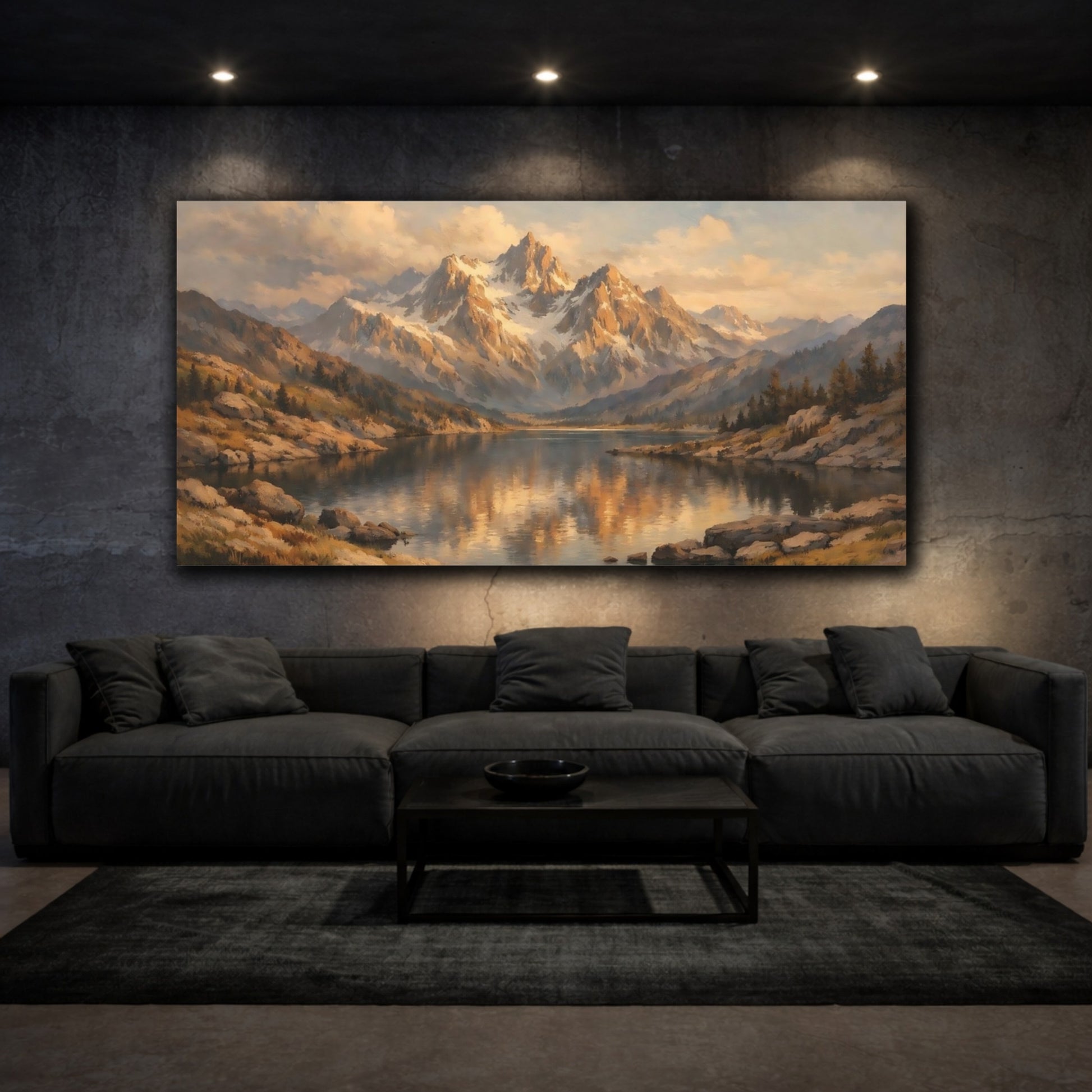 Mockup 2. Nature Mountain Lake Golden Mountain Lake shown as stretched canvas wall art