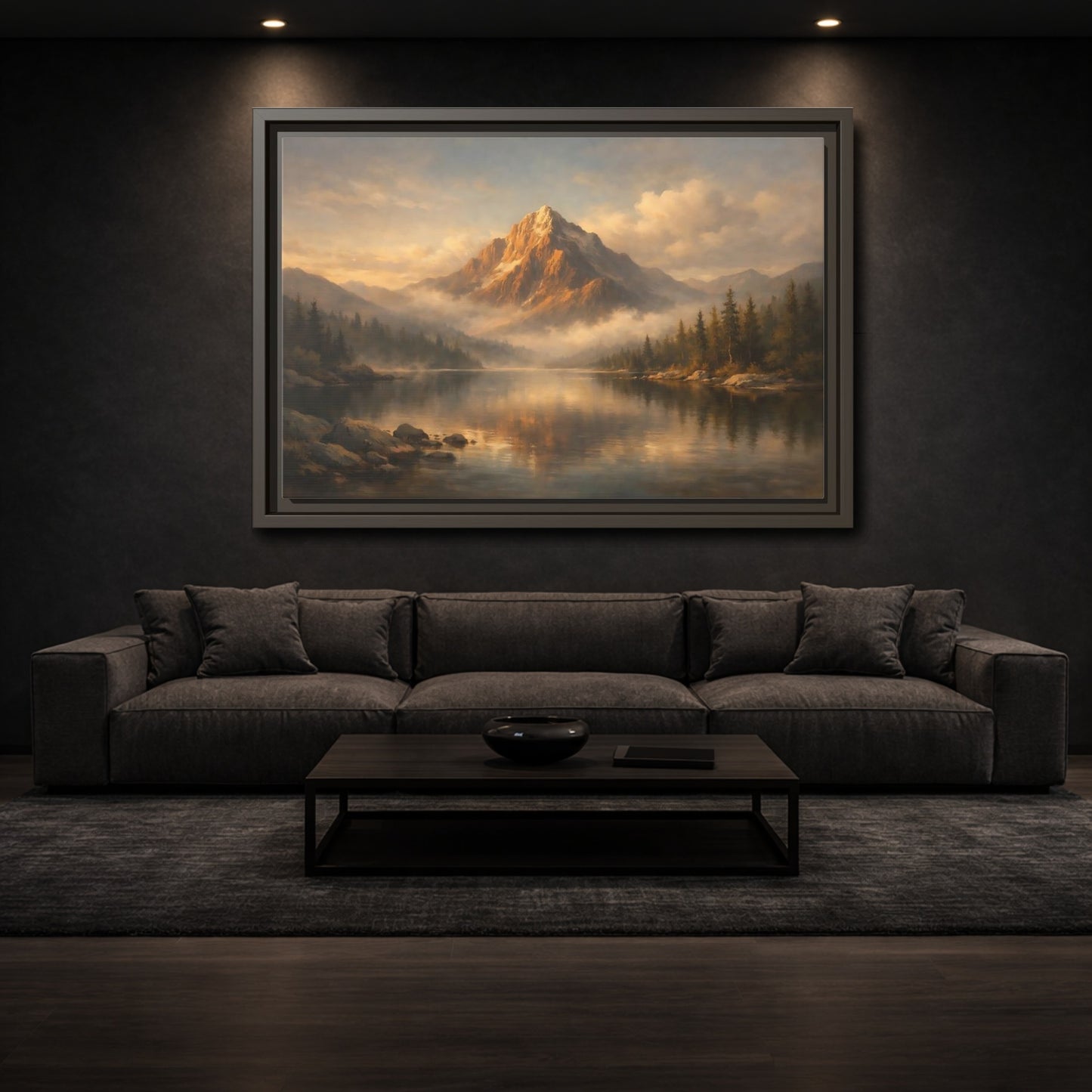 Mockup 2. Nature Mountain Lake Golden Mountain Lake shown as stretched canvas wall art
