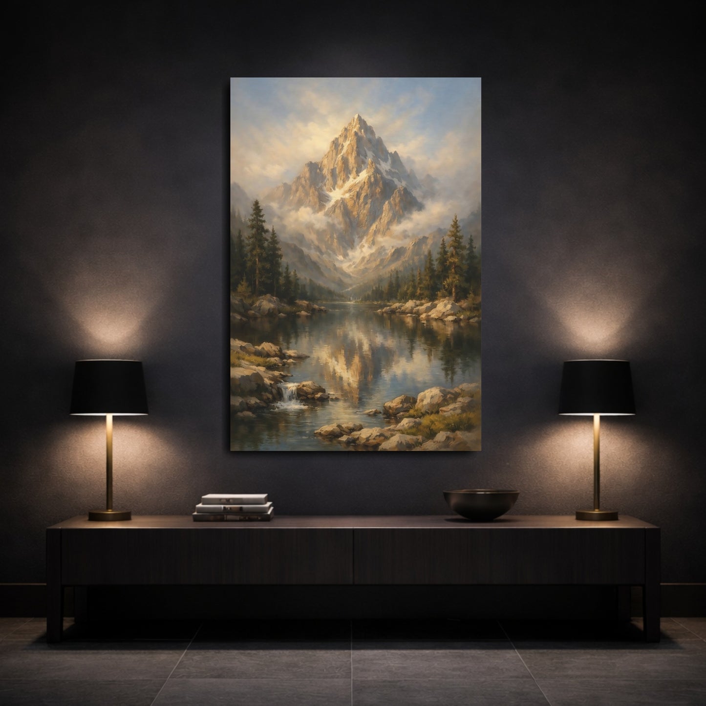Mockup 2. Nature Mountain Lake Golden Mountain Lake shown as stretched canvas wall art