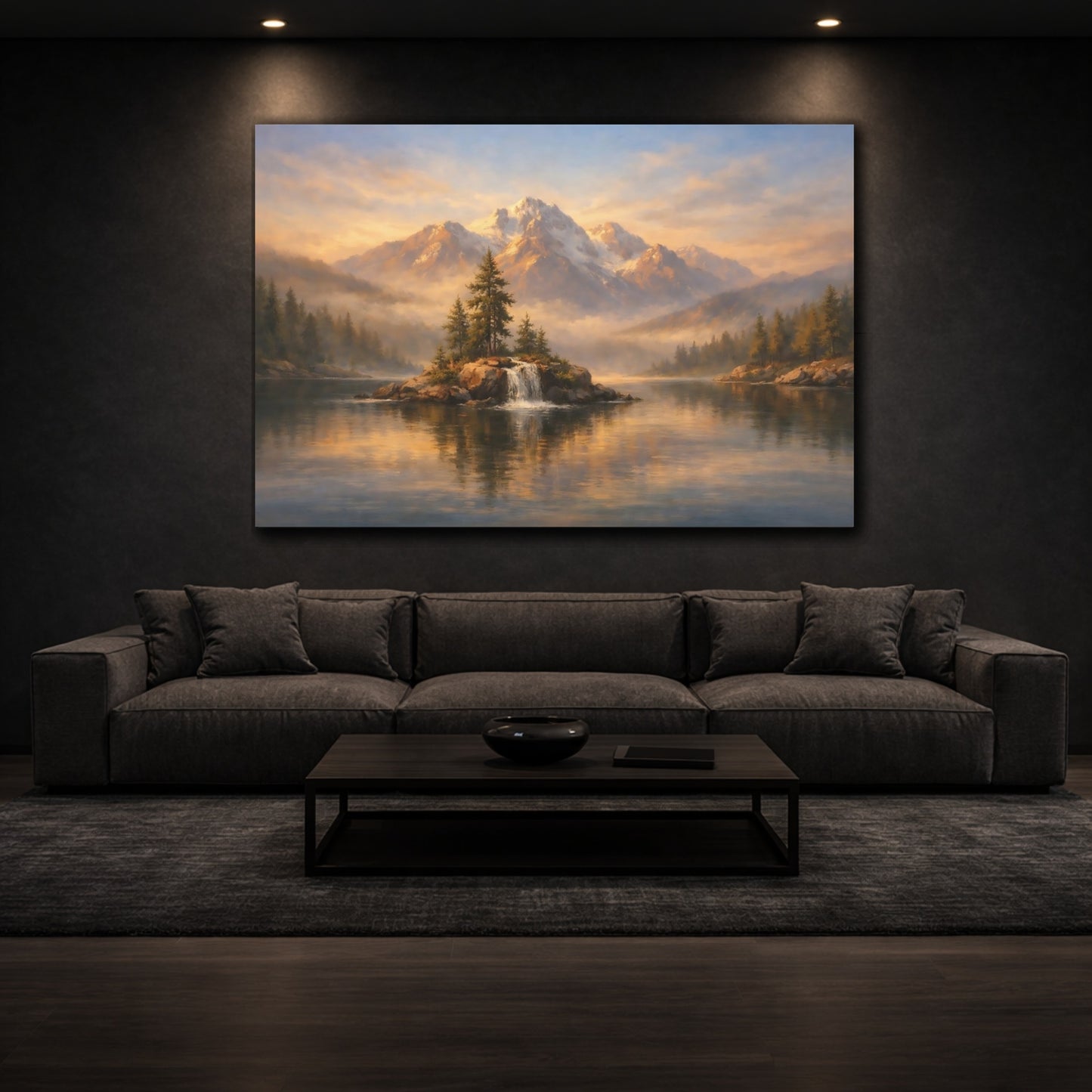 Mockup 2. Nature Mountain Lake Golden Mountain Lake shown as stretched canvas wall art