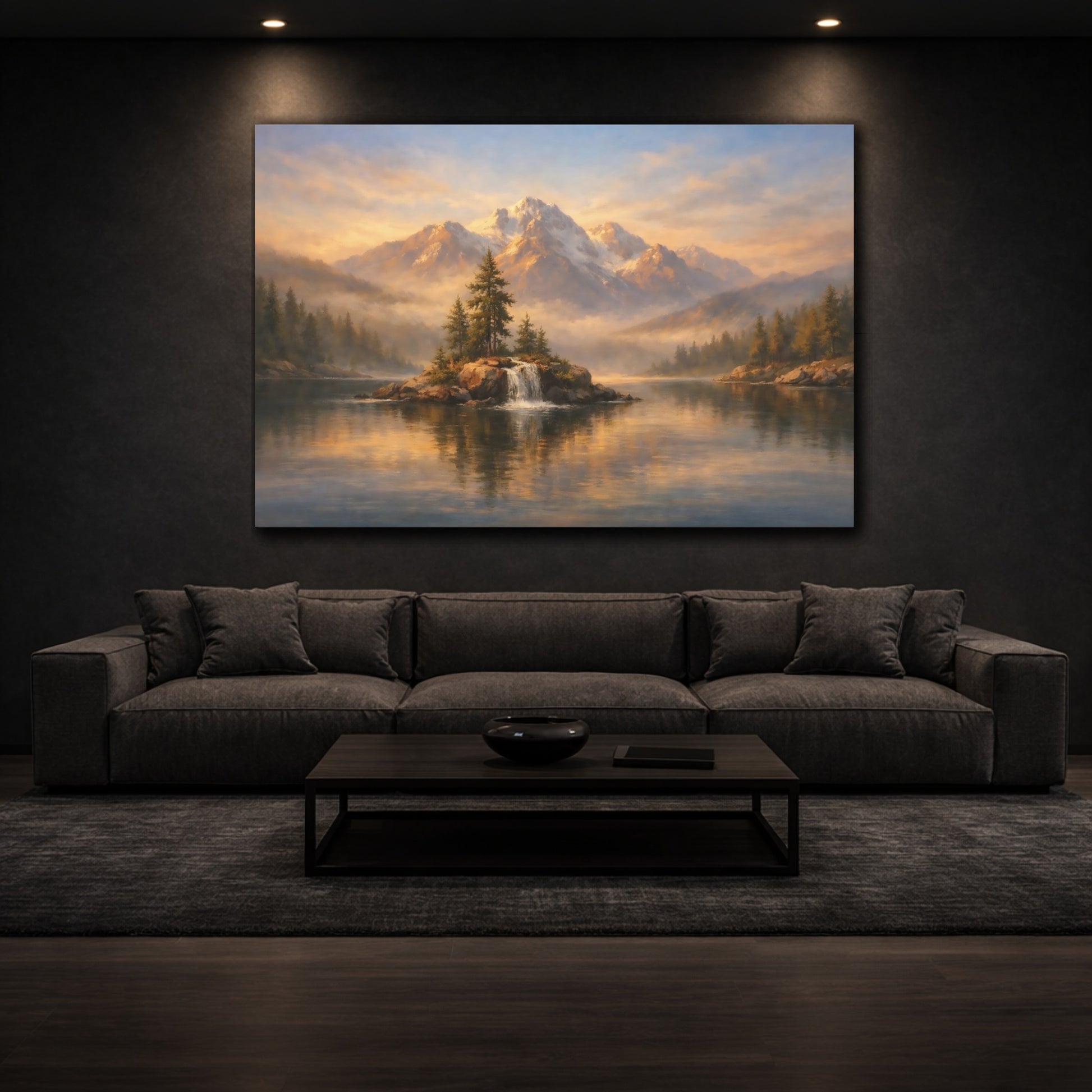 Mockup 2. Nature Mountain Lake Golden Mountain Lake shown as stretched canvas wall art