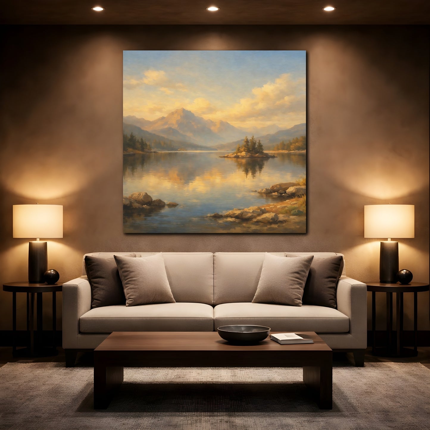Mockup 2. Nature Mountain Lake Golden Mountain Lake shown as stretched canvas wall art
