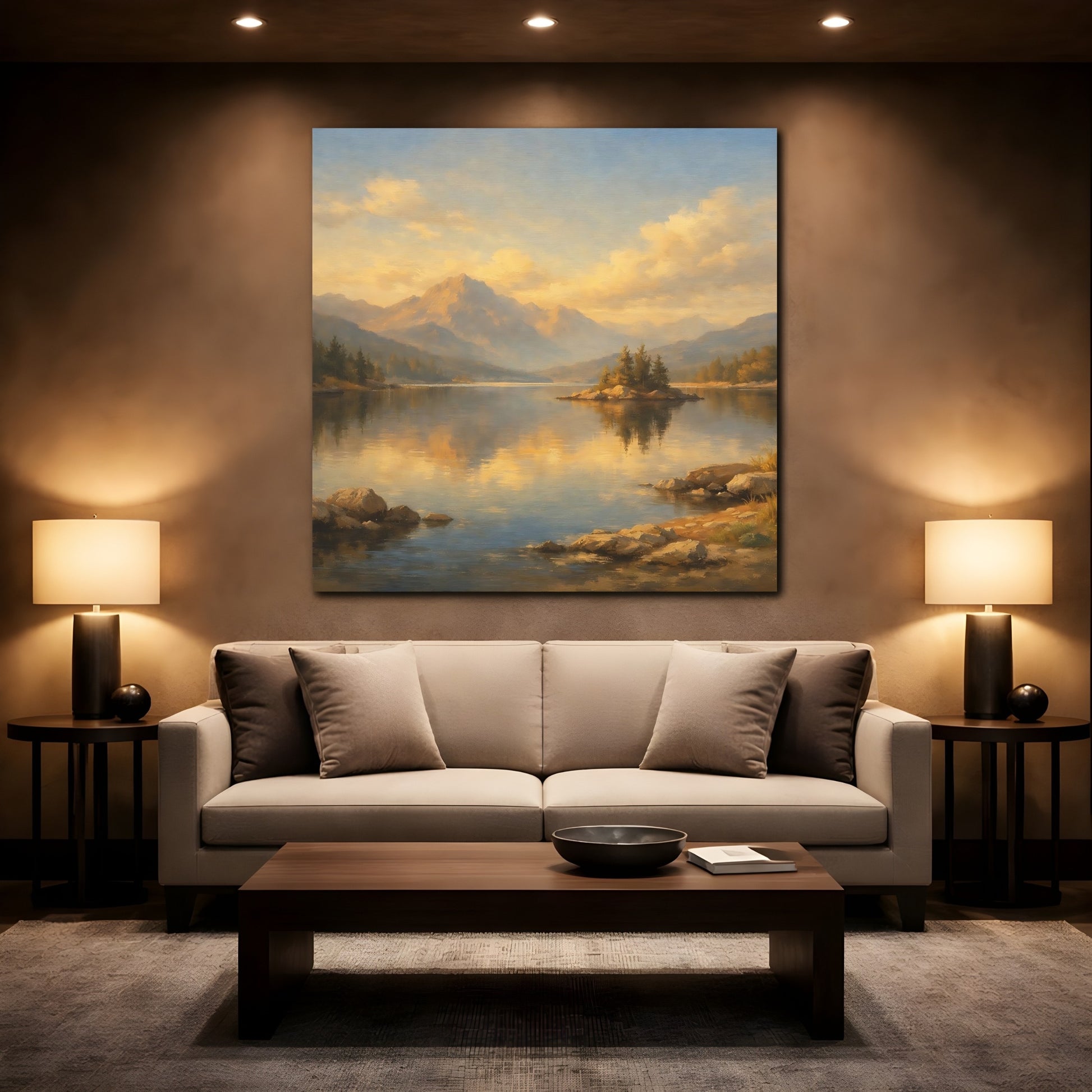 Mockup 2. Nature Mountain Lake Golden Mountain Lake shown as stretched canvas wall art