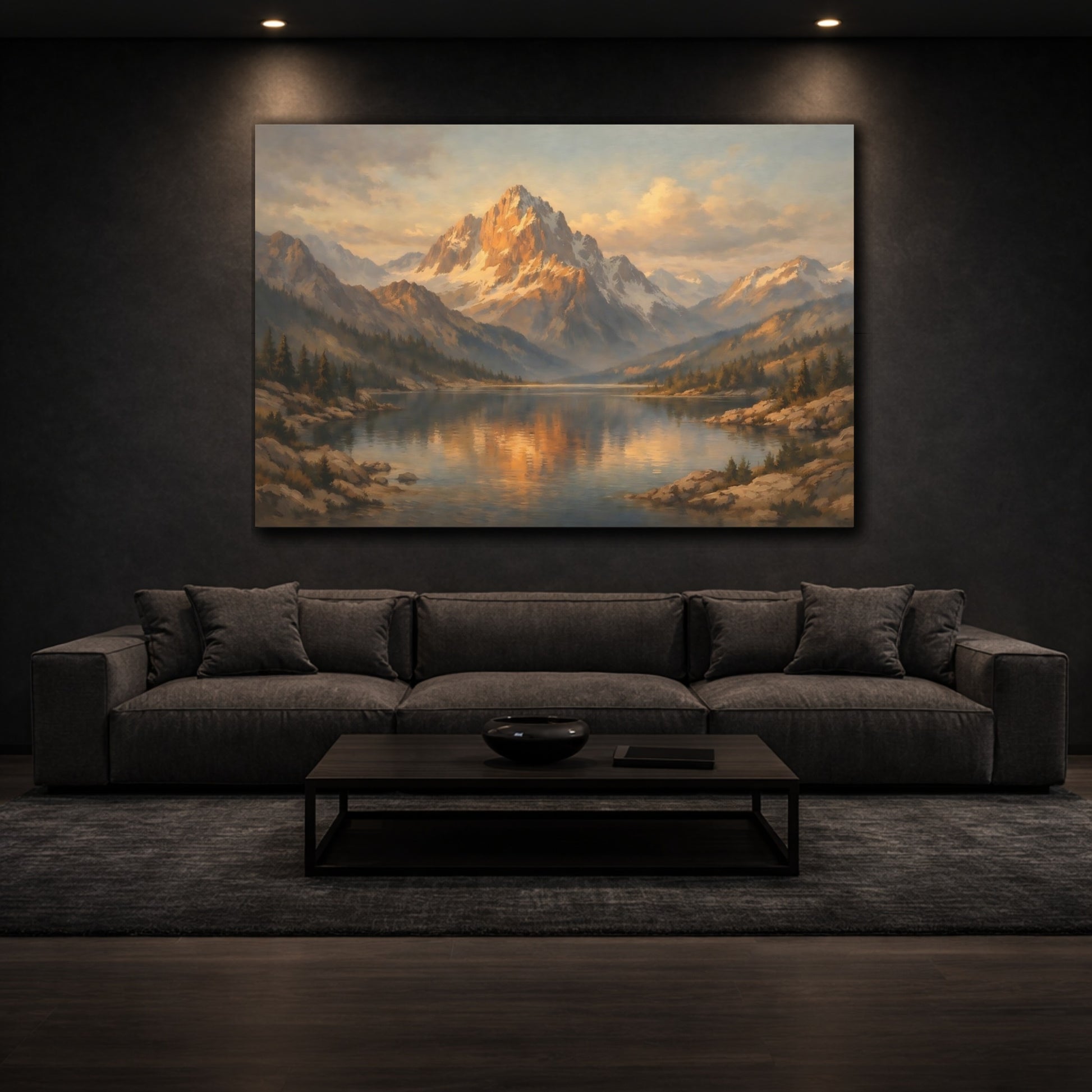 Mockup 2. Nature Mountain Lake Golden Mountain Lake shown as stretched canvas wall art