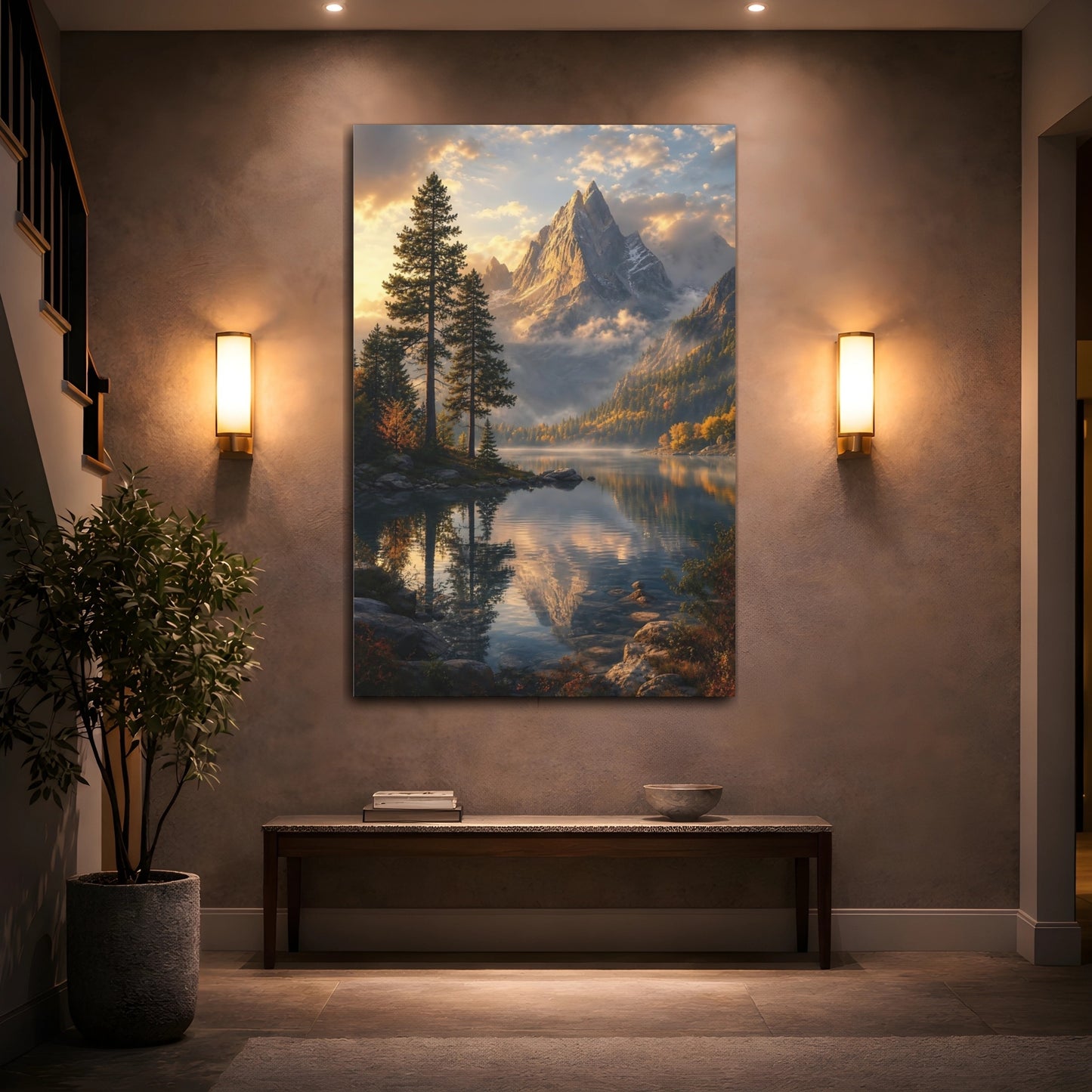Mockup 2. Nature Mountain Lake Golden Mountain Lake shown as stretched canvas wall art