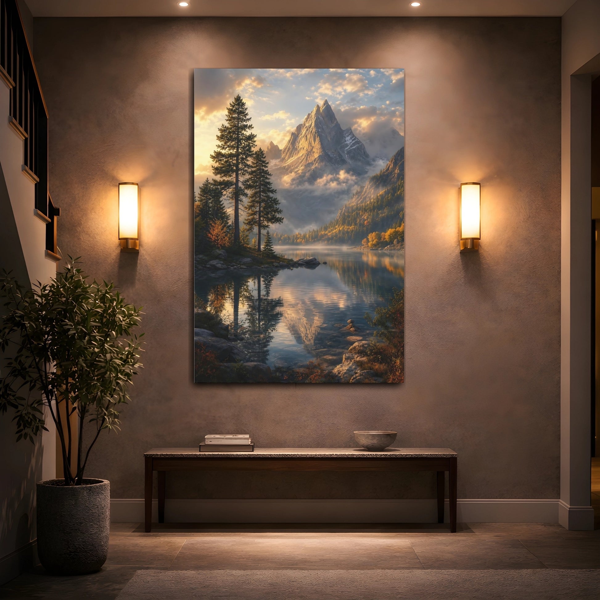 Mockup 2. Nature Mountain Lake Golden Mountain Lake shown as stretched canvas wall art