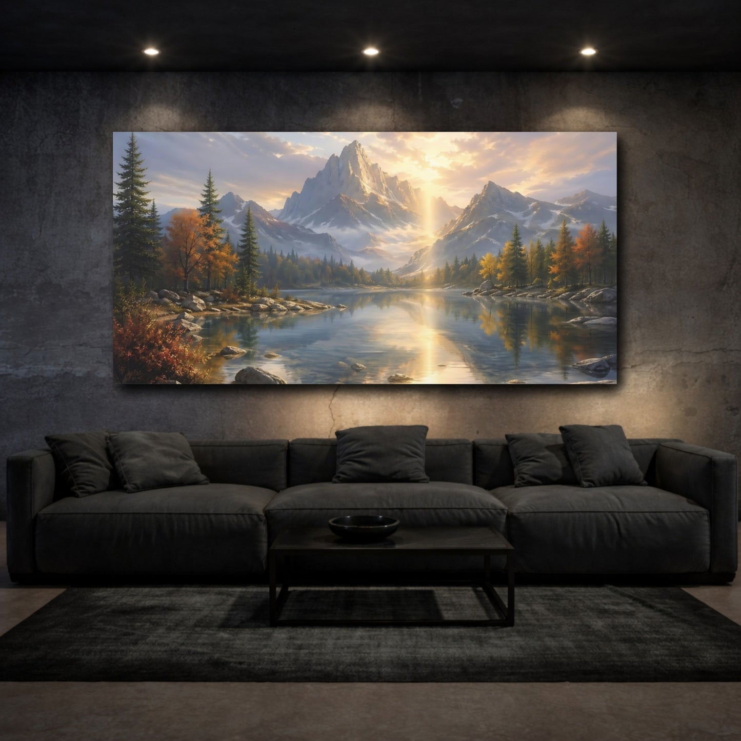Mockup 2. Nature Mountain Lake Golden Mountain Lake shown as stretched canvas wall art