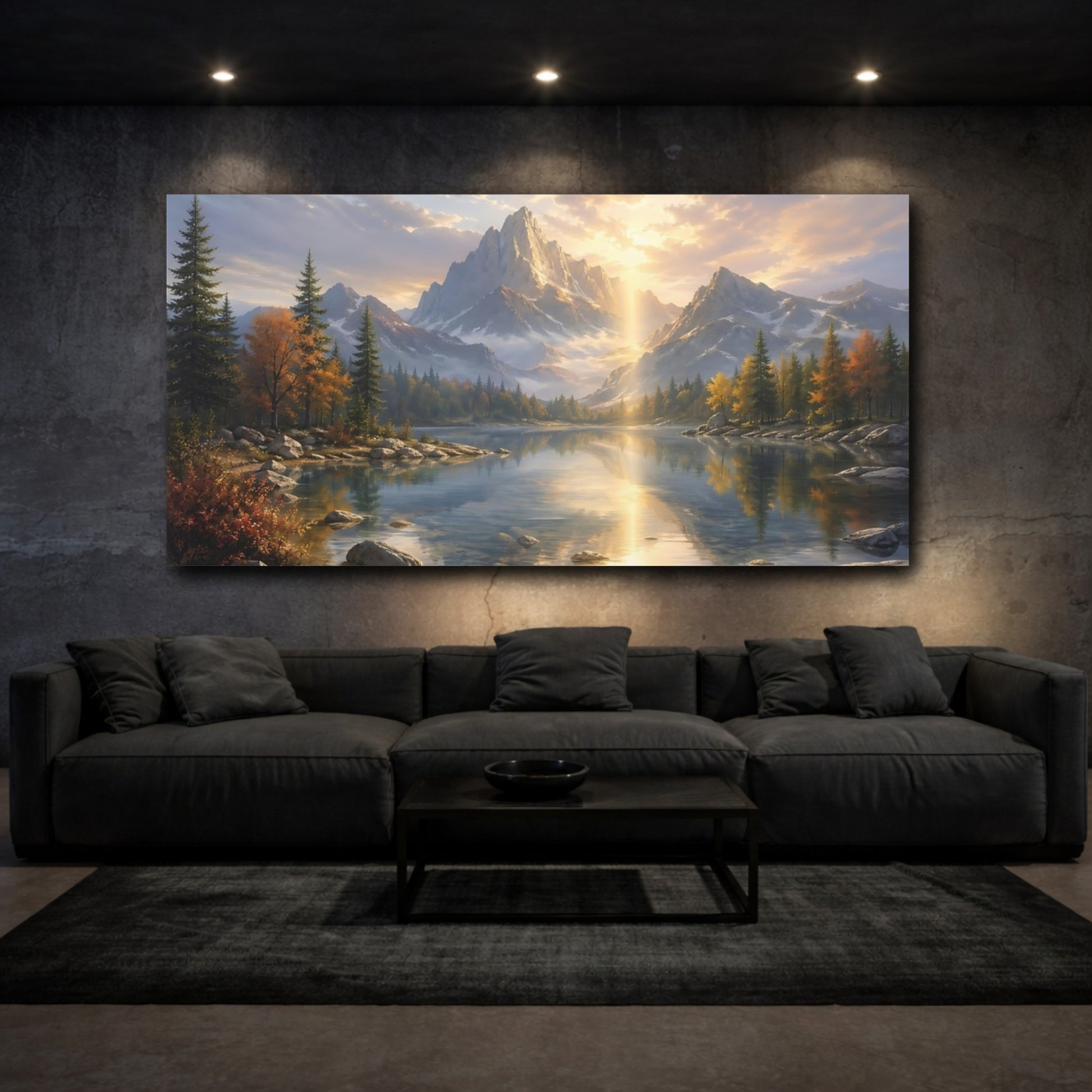 Mockup 2. Nature Mountain Lake Golden Mountain Lake shown as stretched canvas wall art