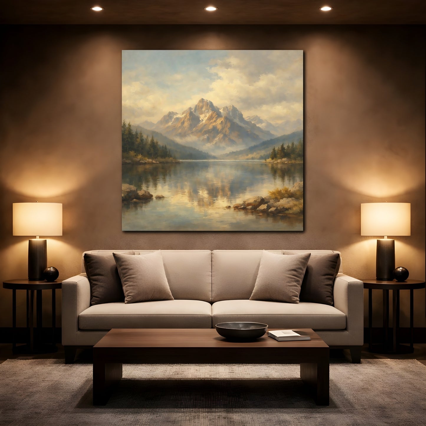 Mockup 2. Nature Mountain Lake Golden Mountain Lake shown as stretched canvas wall art