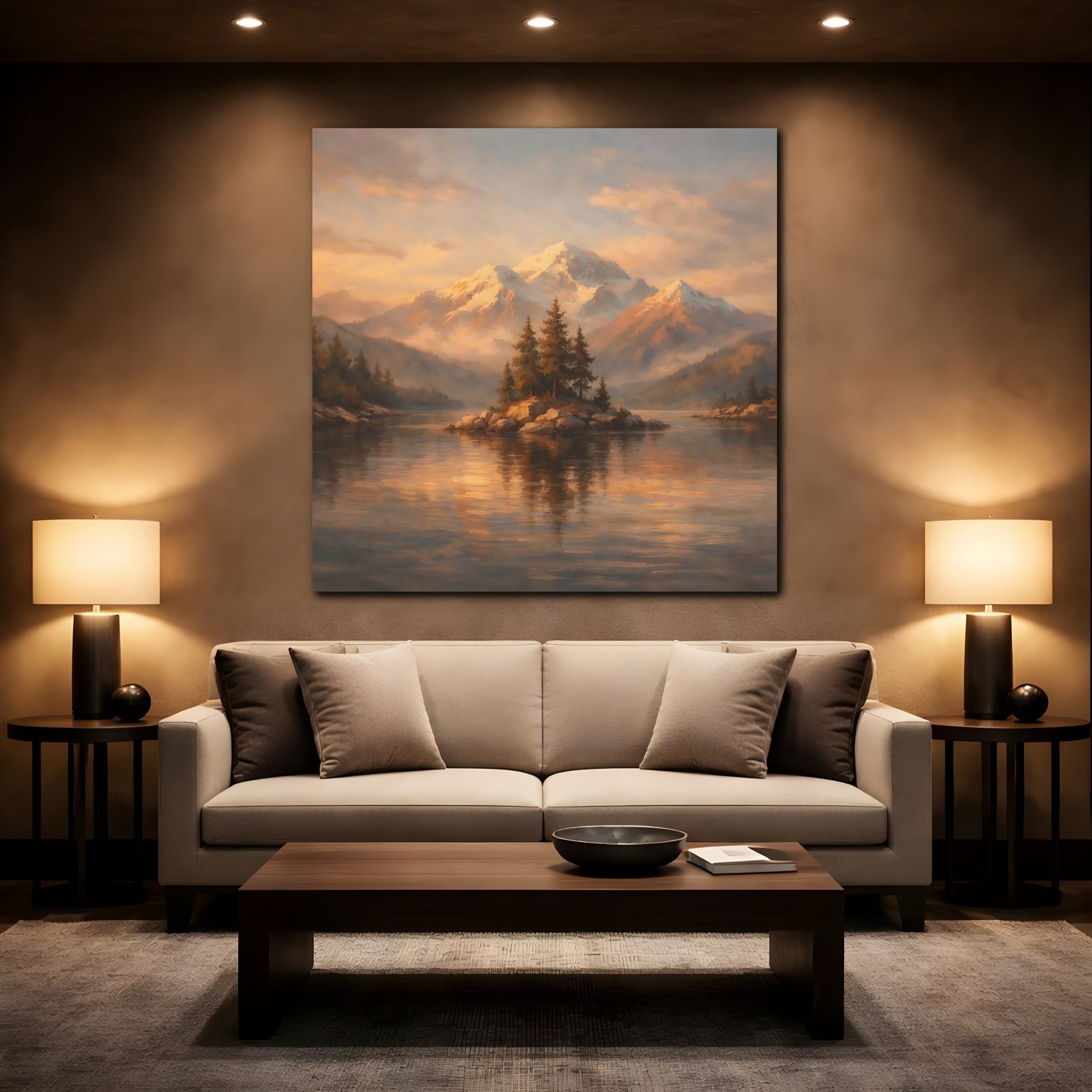 Mockup 2. Nature Mountain Lake Golden Mountain Lake shown as stretched canvas wall art