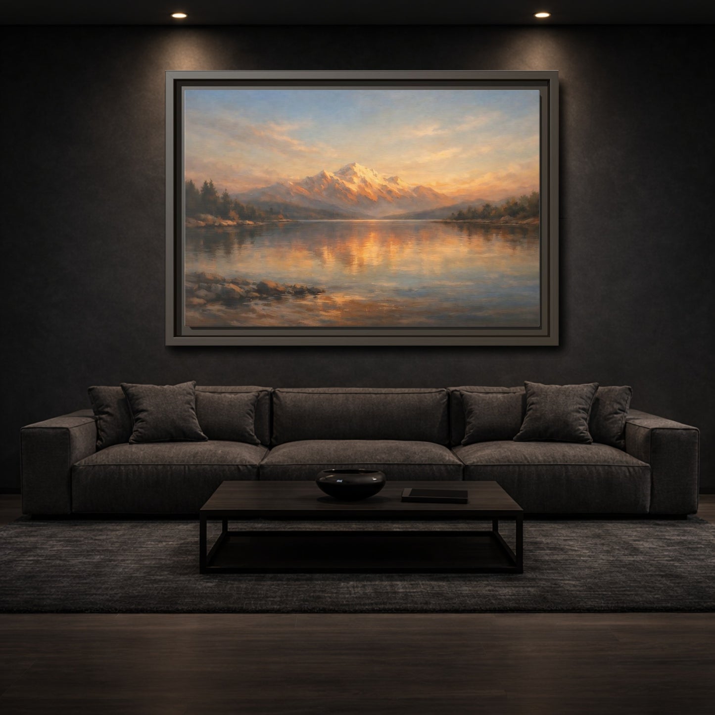 Mockup 2. Nature Mountain Lake Golden Mountain Lake shown as stretched canvas wall art