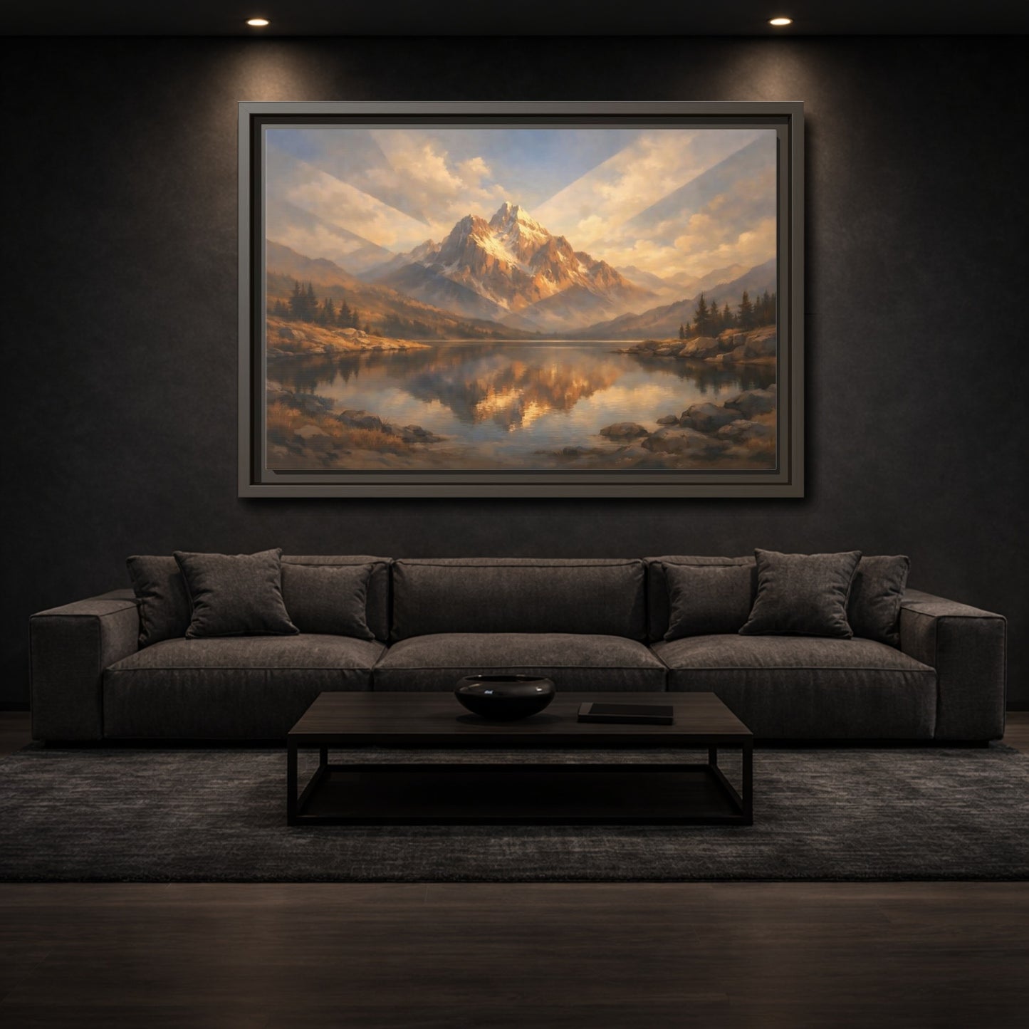 Mockup 2. Nature Mountain Lake Golden Mountain Lake shown as stretched canvas wall art