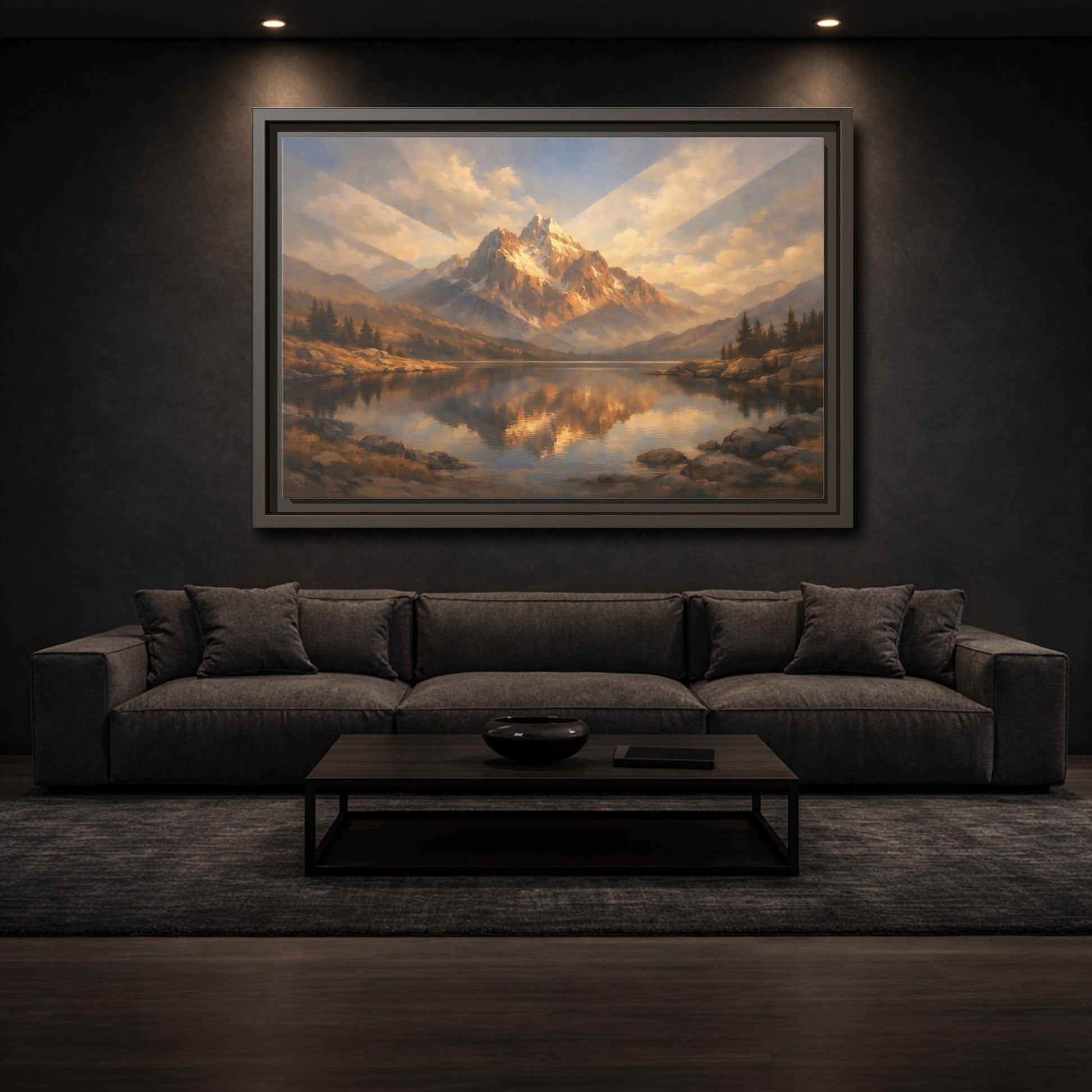 Mockup 2. Nature Mountain Lake Golden Mountain Lake shown as stretched canvas wall art