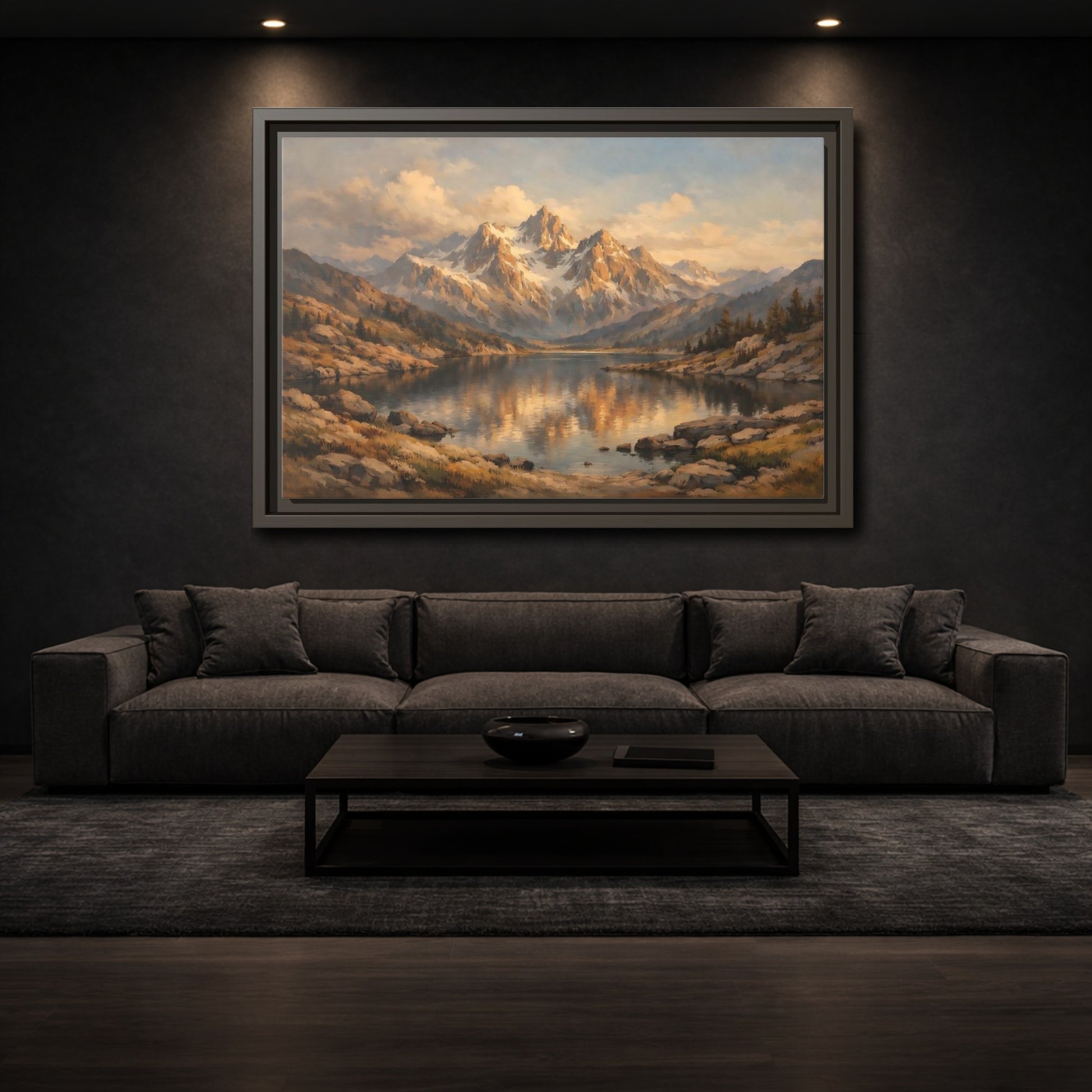 Mockup 2. Nature Mountain Lake Golden Mountain Lake shown as stretched canvas wall art