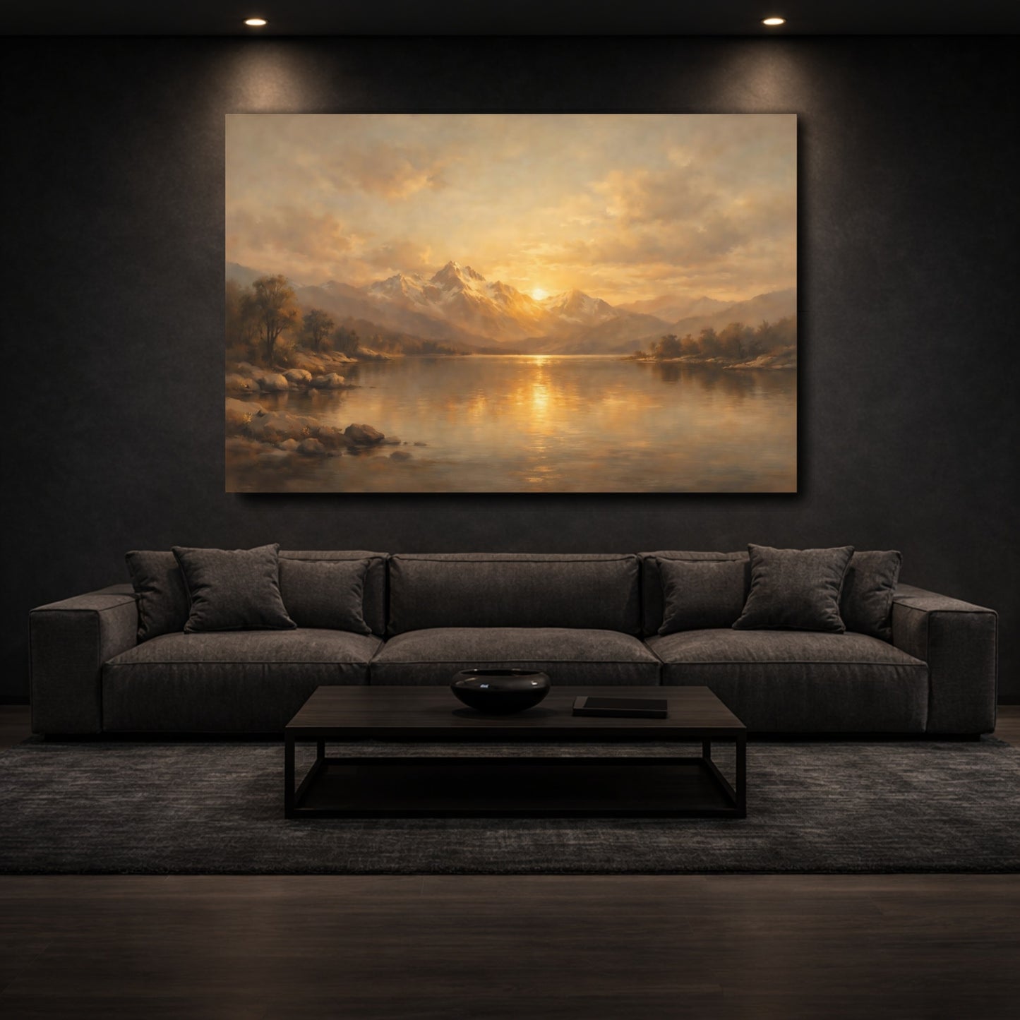 Mockup 2. Nature Mountain Lake Golden Mountain Lake shown as stretched canvas wall art