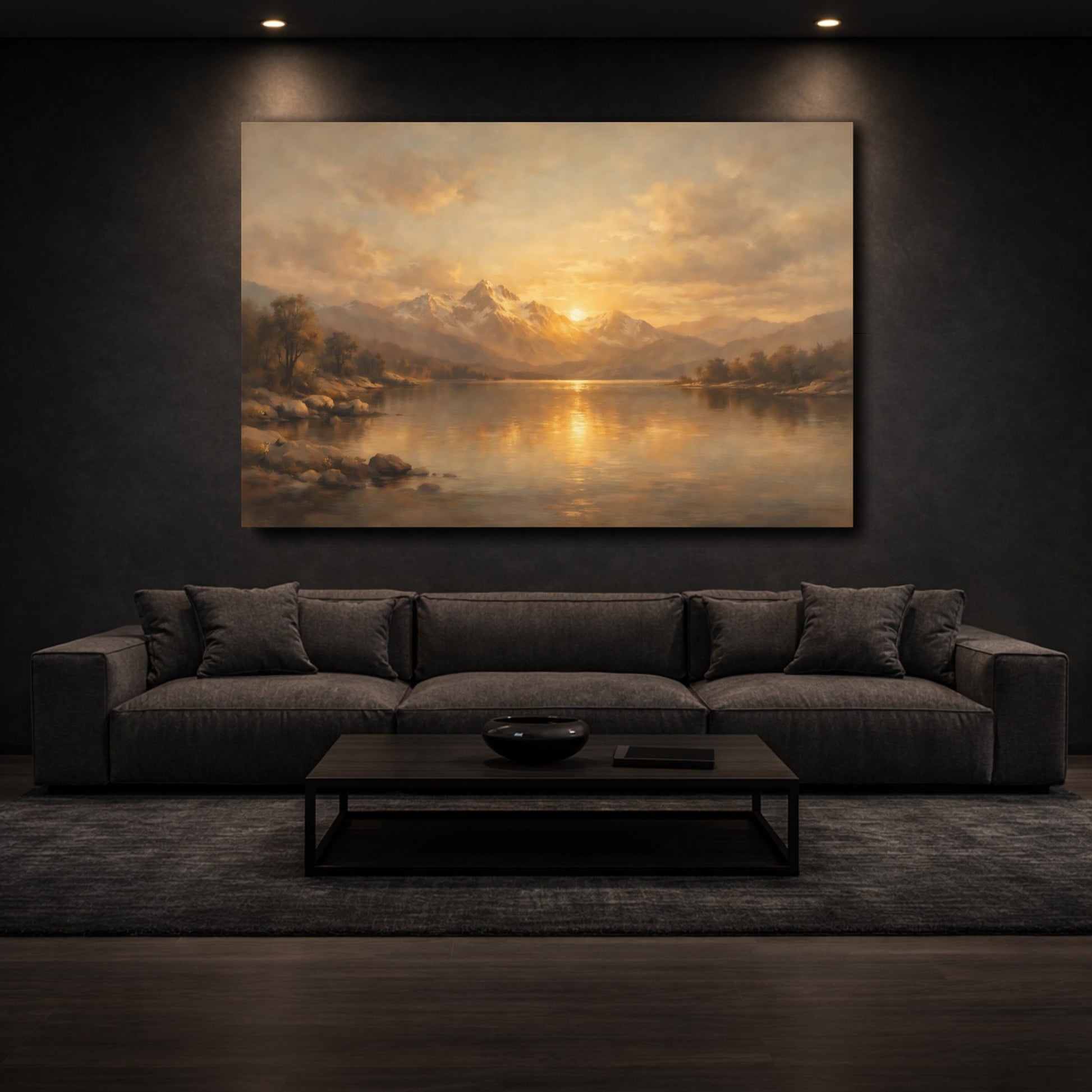 Mockup 2. Nature Mountain Lake Golden Mountain Lake shown as stretched canvas wall art