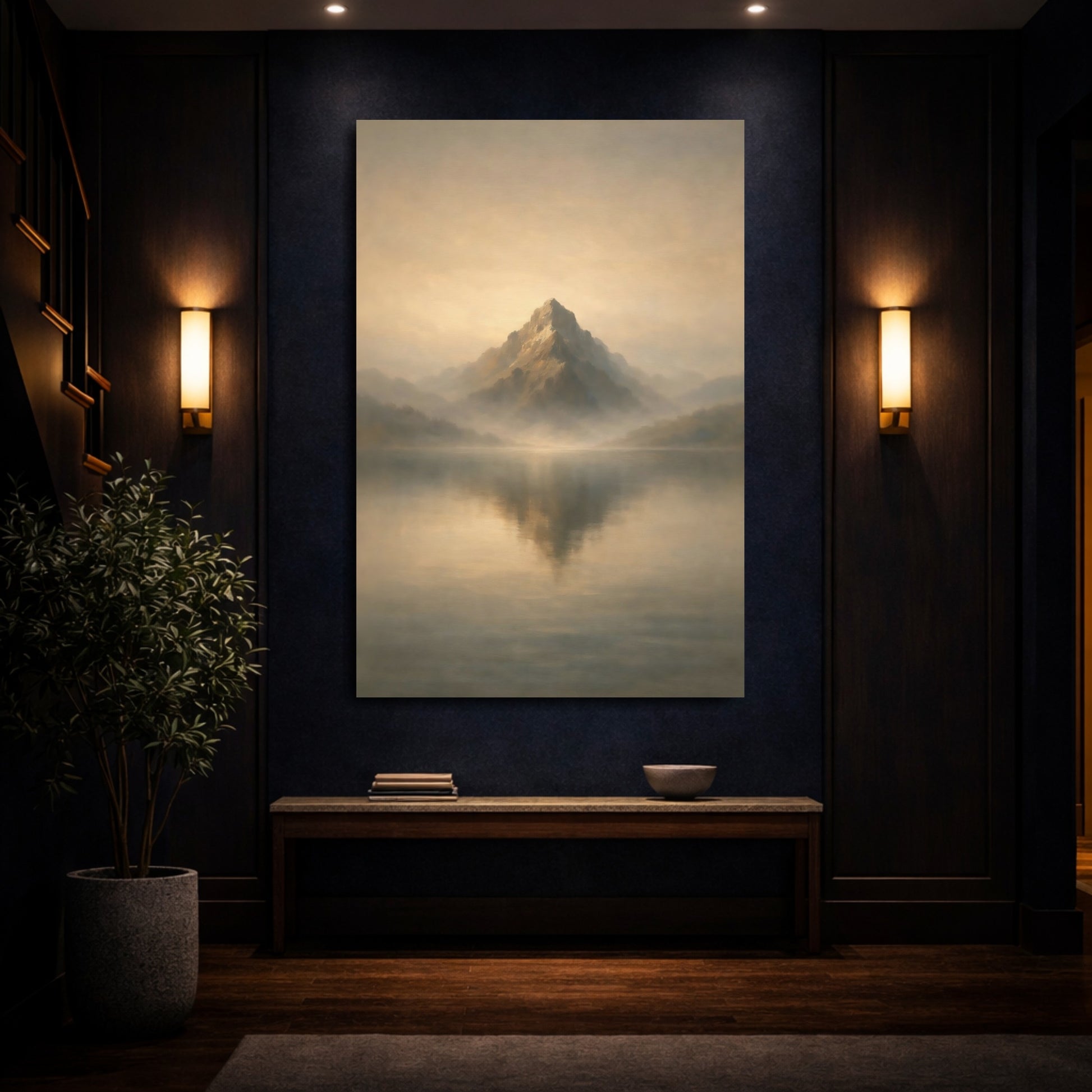 Mockup 3. Nature Mountain Lake Golden Mountain Lake shown as stretched canvas wall art