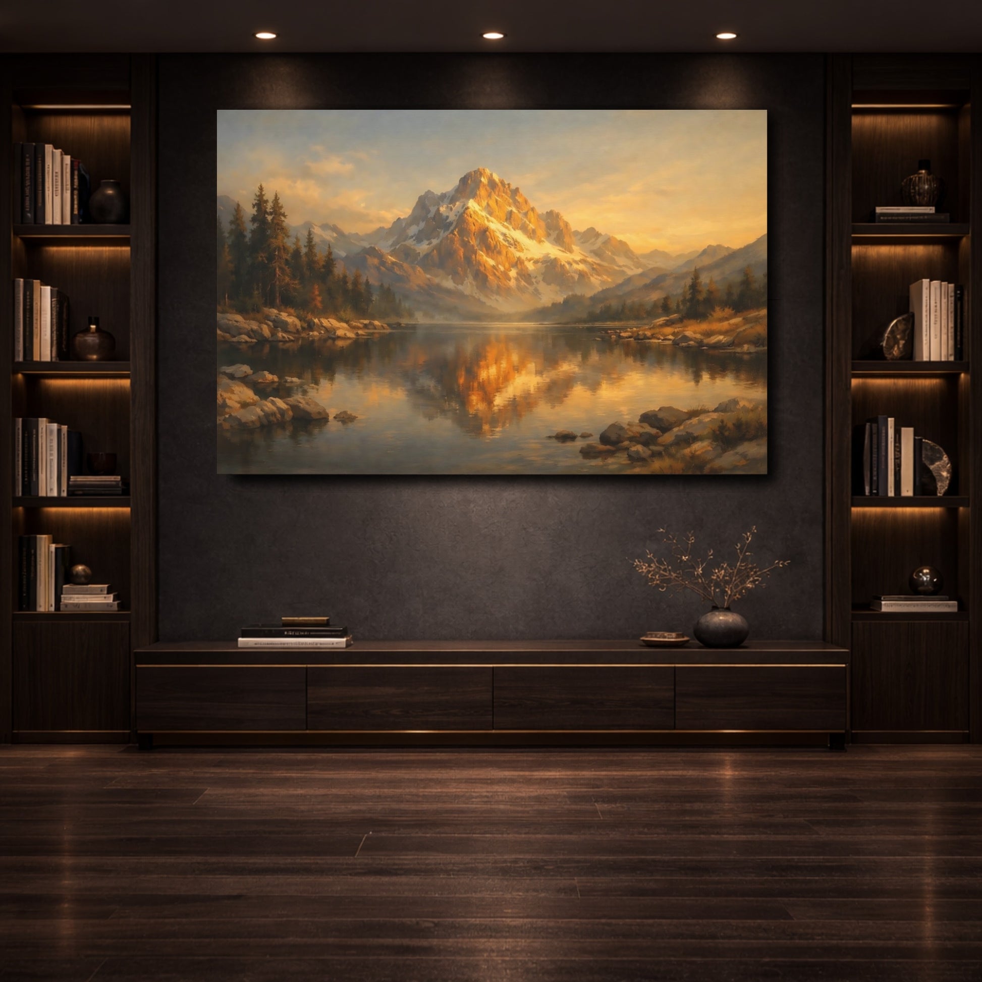 Mockup 3. Nature Mountain Lake Golden Mountain Lake shown as stretched canvas wall art