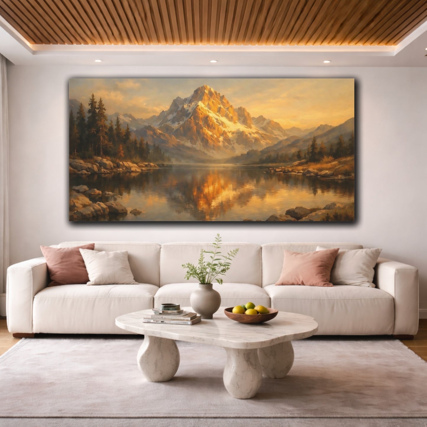 Mockup 3. Nature Mountain Lake Golden Mountain Lake shown as stretched canvas wall art
