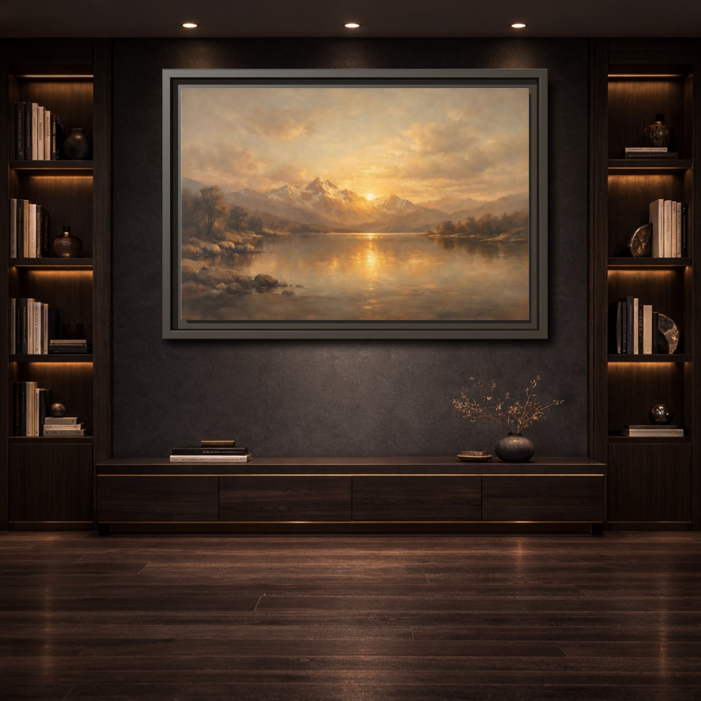Mockup 3. Nature Mountain Lake Golden Mountain Lake shown as stretched canvas wall art