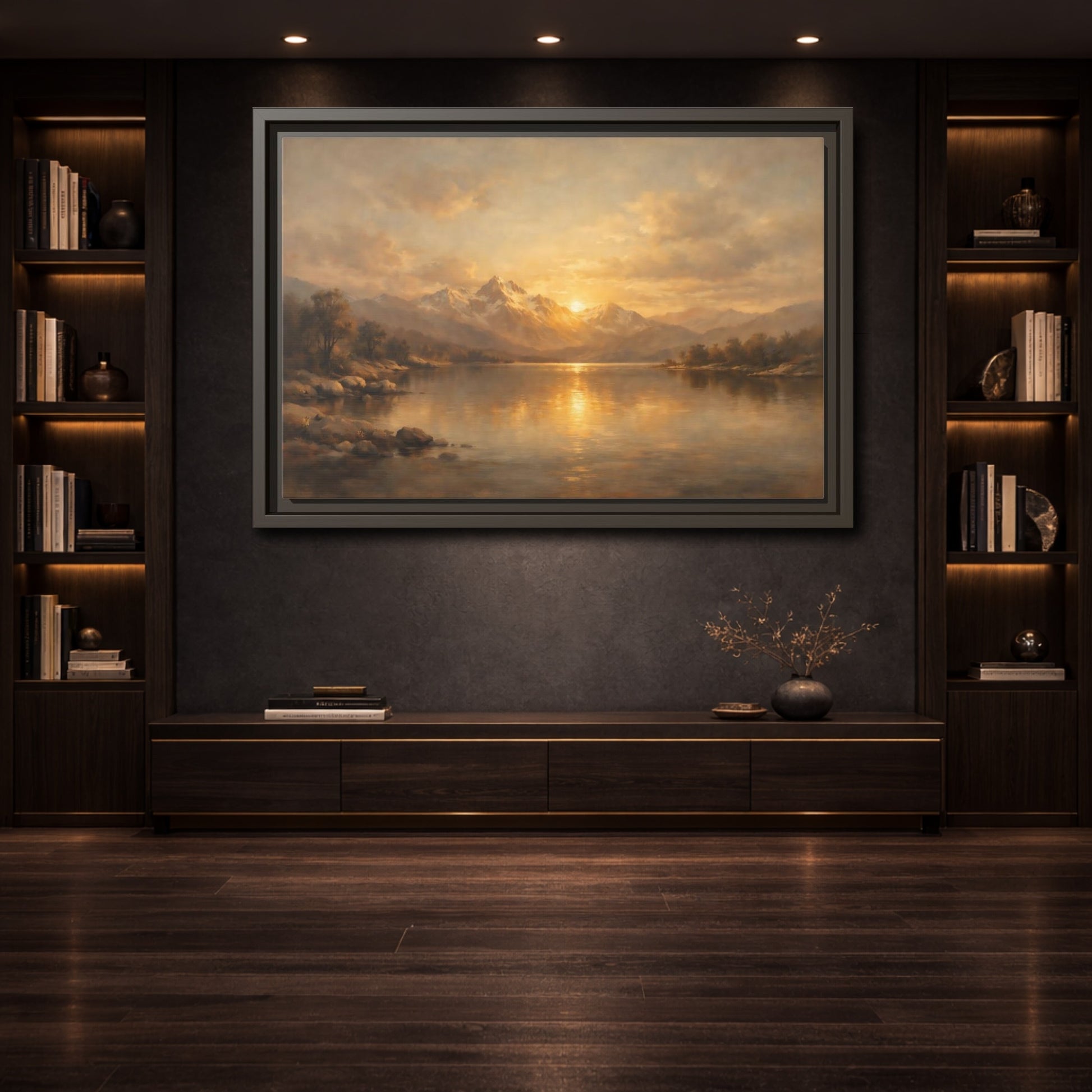 Mockup 3. Nature Mountain Lake Golden Mountain Lake shown as stretched canvas wall art