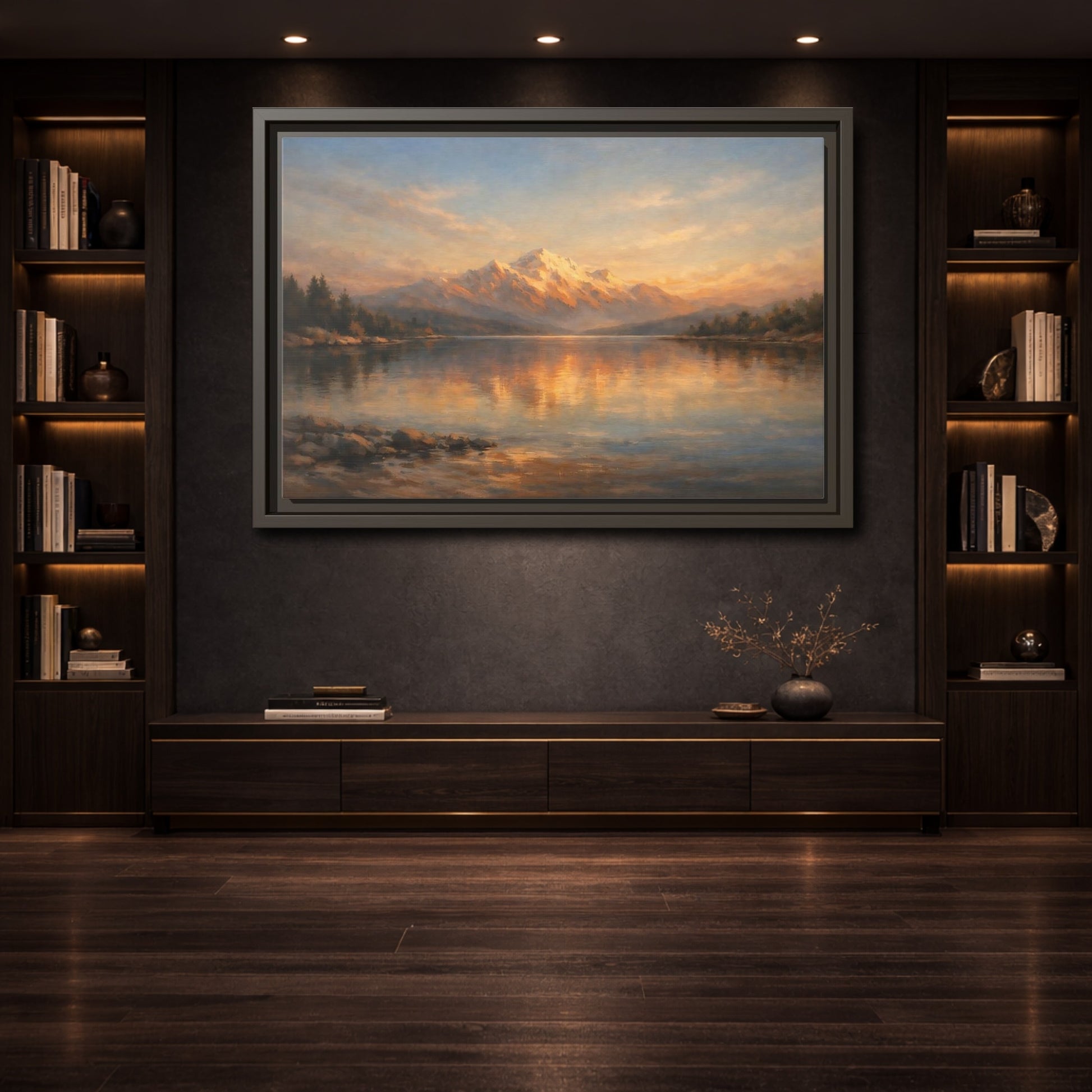 Mockup 3. Nature Mountain Lake Golden Mountain Lake shown as stretched canvas wall art