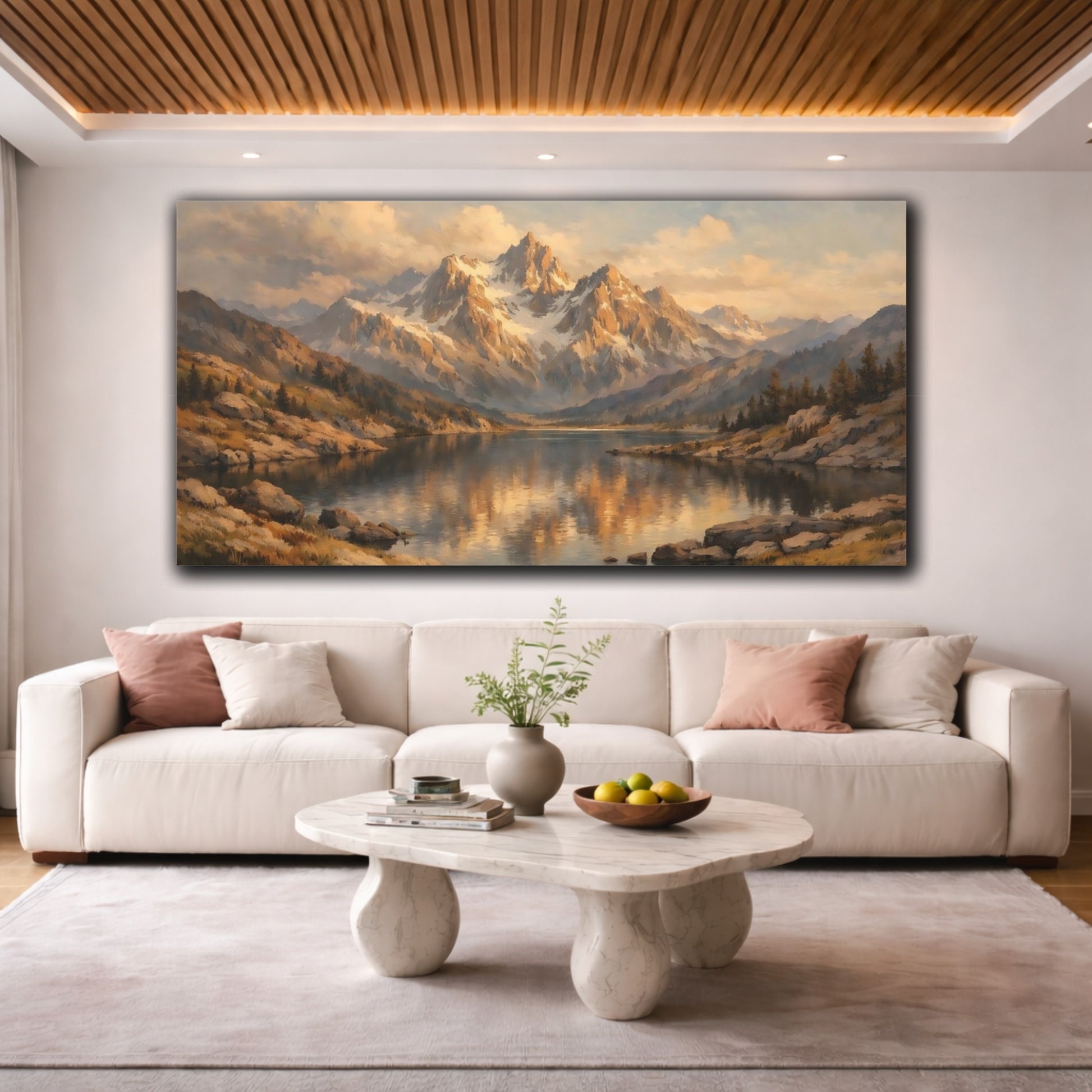 Mockup 3. Nature Mountain Lake Golden Mountain Lake shown as stretched canvas wall art