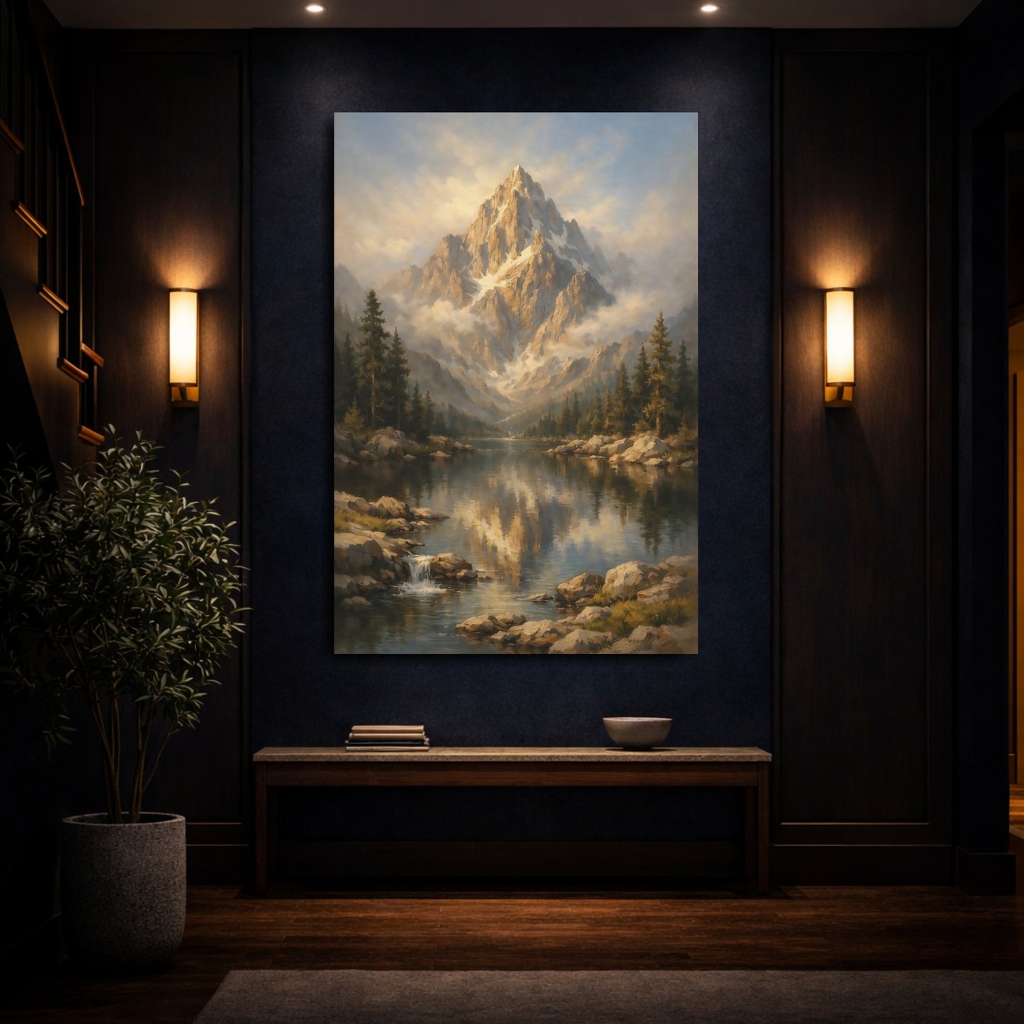 Mockup 3. Nature Mountain Lake Golden Mountain Lake shown as stretched canvas wall art
