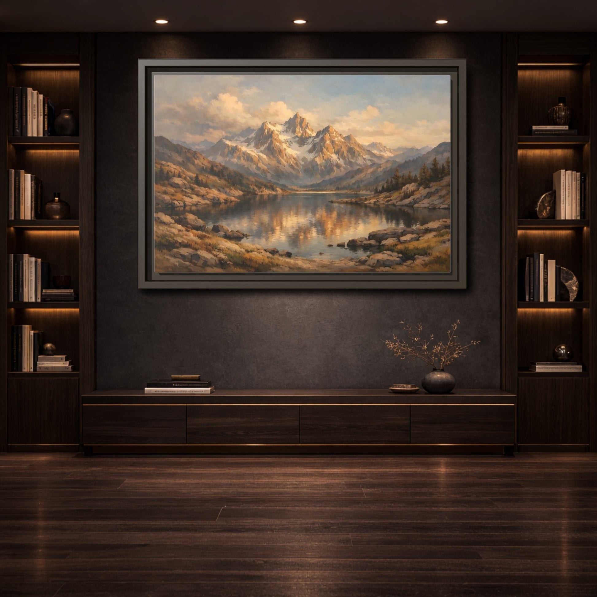 Mockup 3. Nature Mountain Lake Golden Mountain Lake shown as stretched canvas wall art