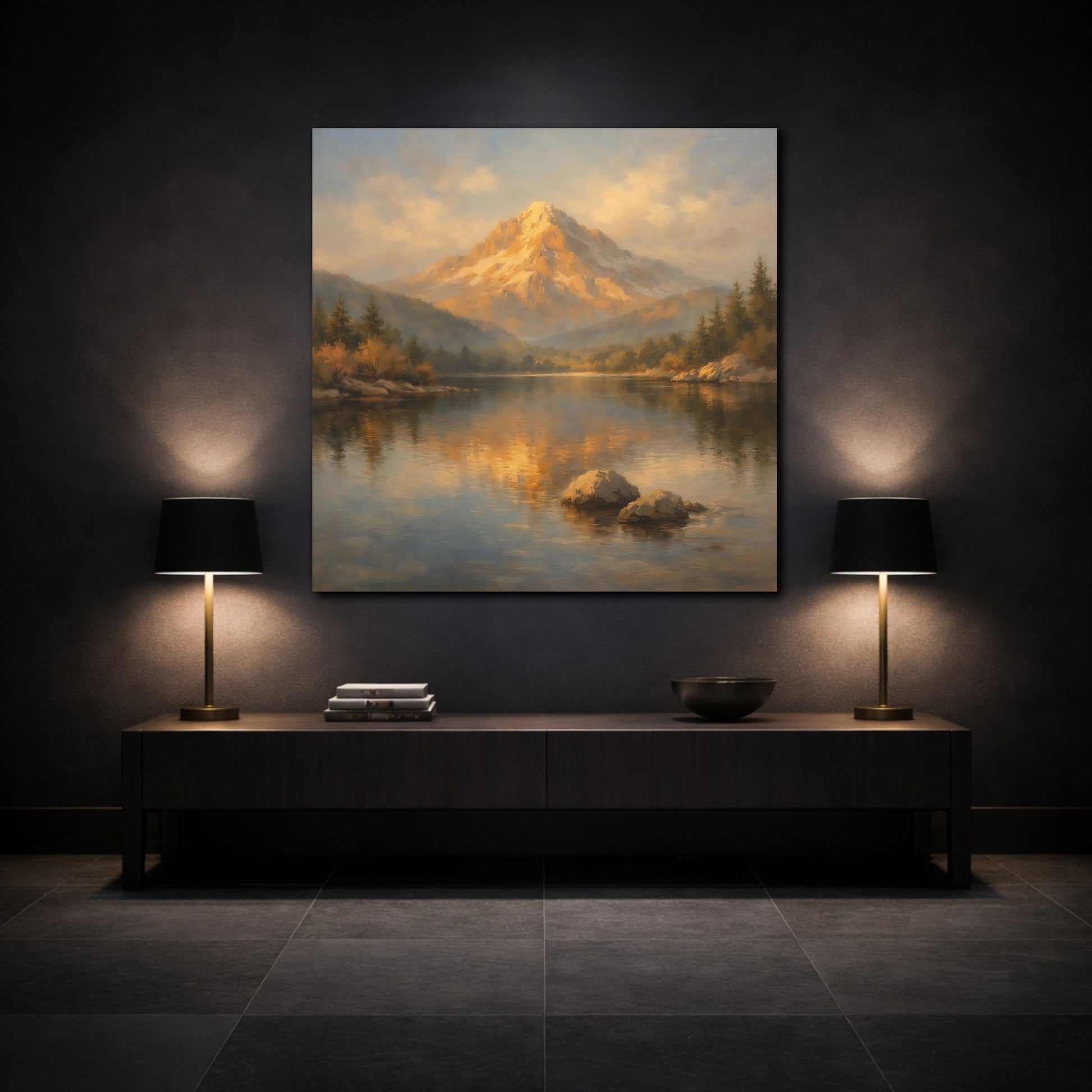 Mockup 3. Nature Mountain Lake Golden Mountain Lake shown as stretched canvas wall art