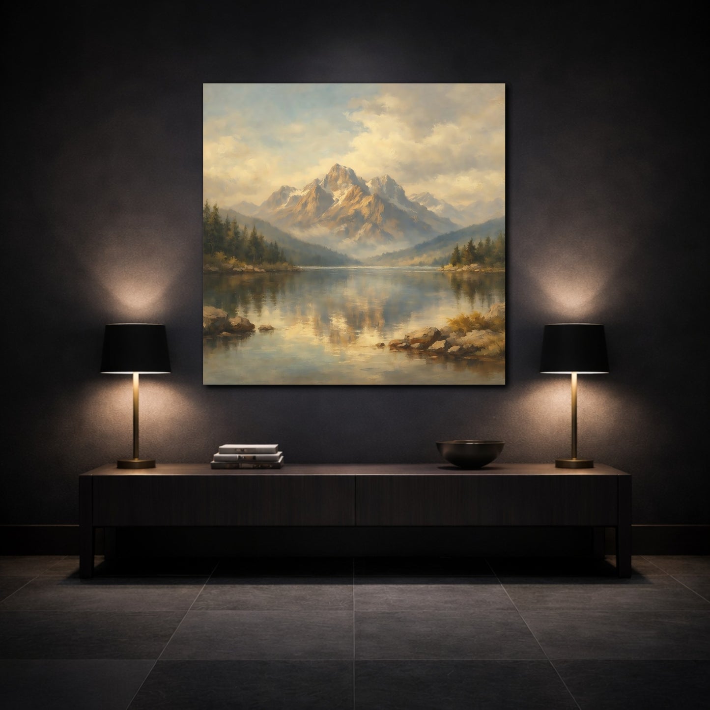 Mockup 3. Nature Mountain Lake Golden Mountain Lake shown as stretched canvas wall art