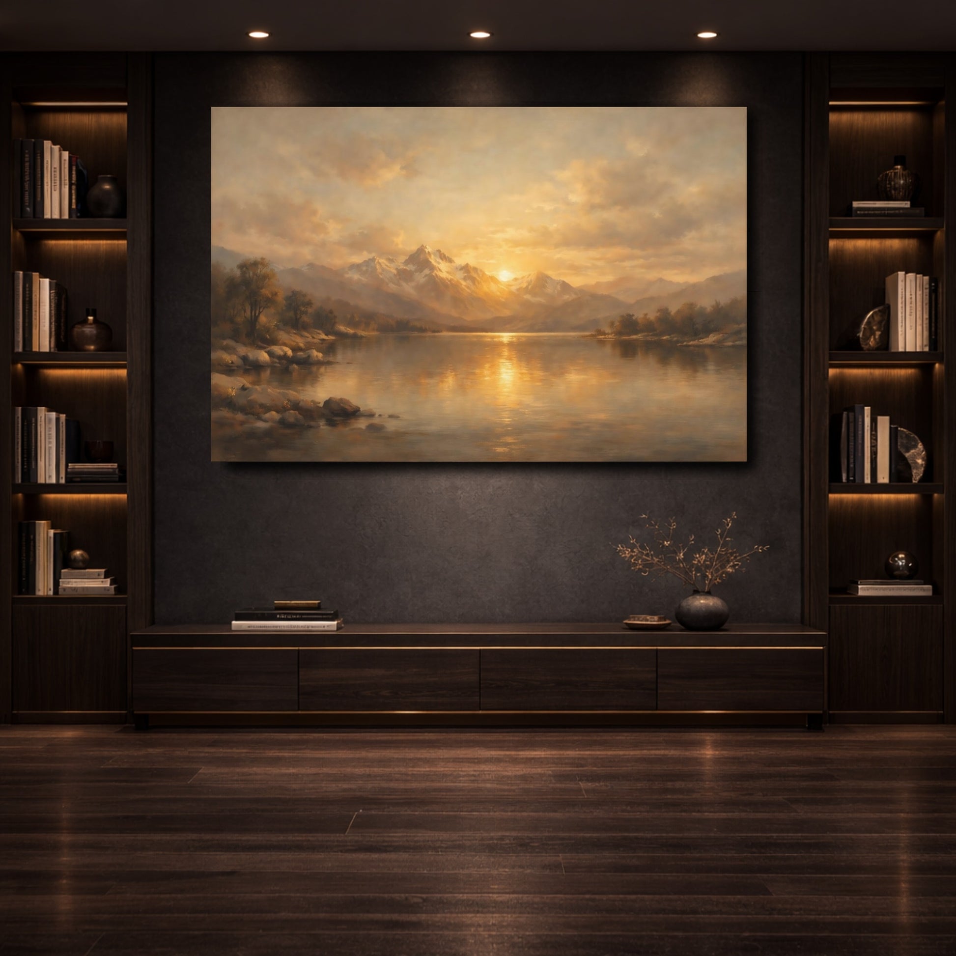 Mockup 3. Nature Mountain Lake Golden Mountain Lake shown as stretched canvas wall art