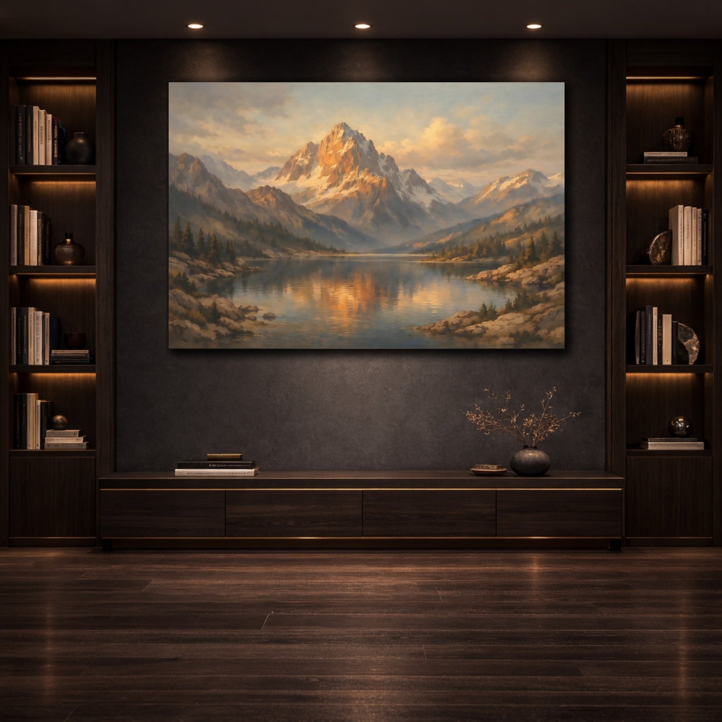 Mockup 3. Nature Mountain Lake Golden Mountain Lake shown as stretched canvas wall art